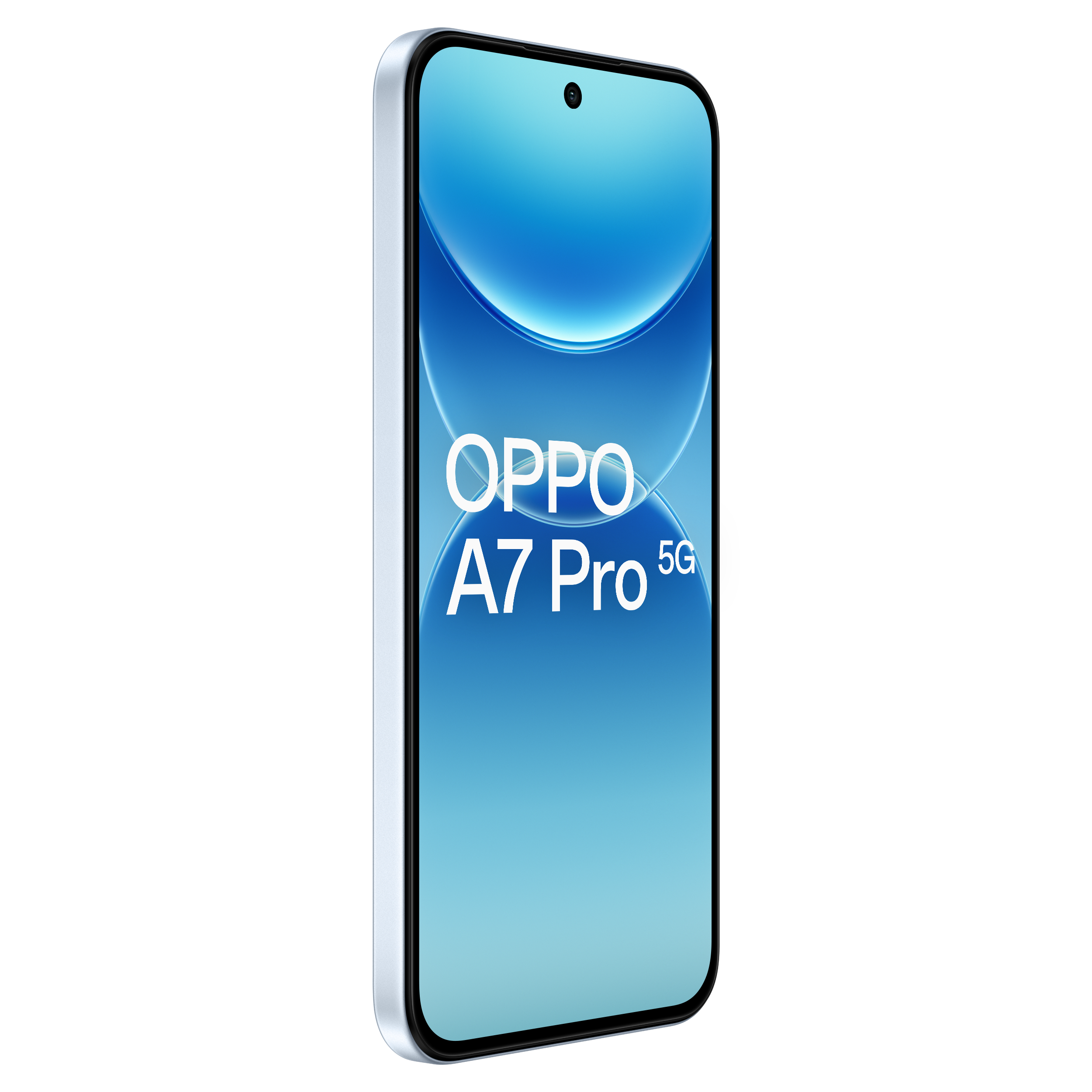 Un smartphone argenté OPPO A7 Pro 5G sur fond blanc avec un écran bleu.