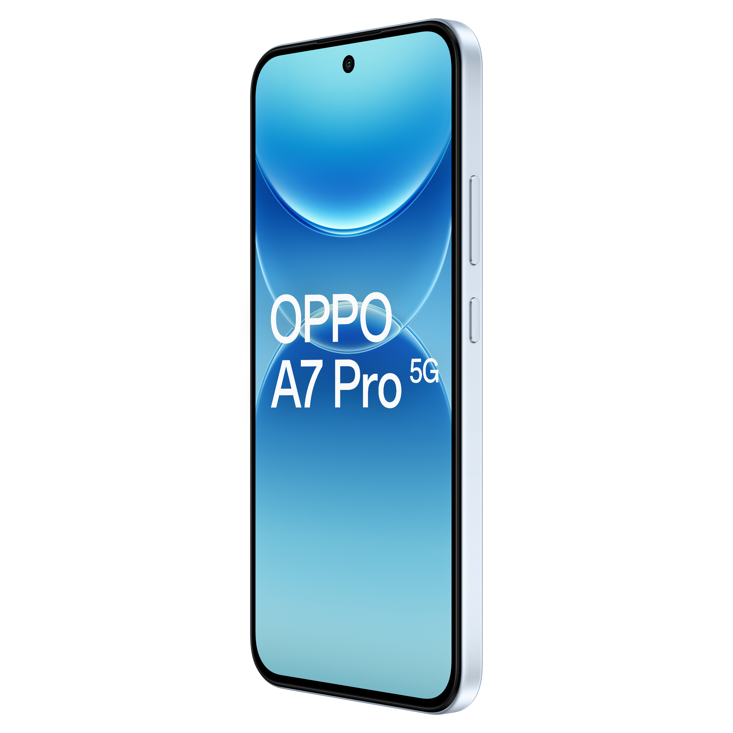 Un smartphone Oppo A7 Pro 5G incliné vers la droite, affichant un fond d'écran bleu.