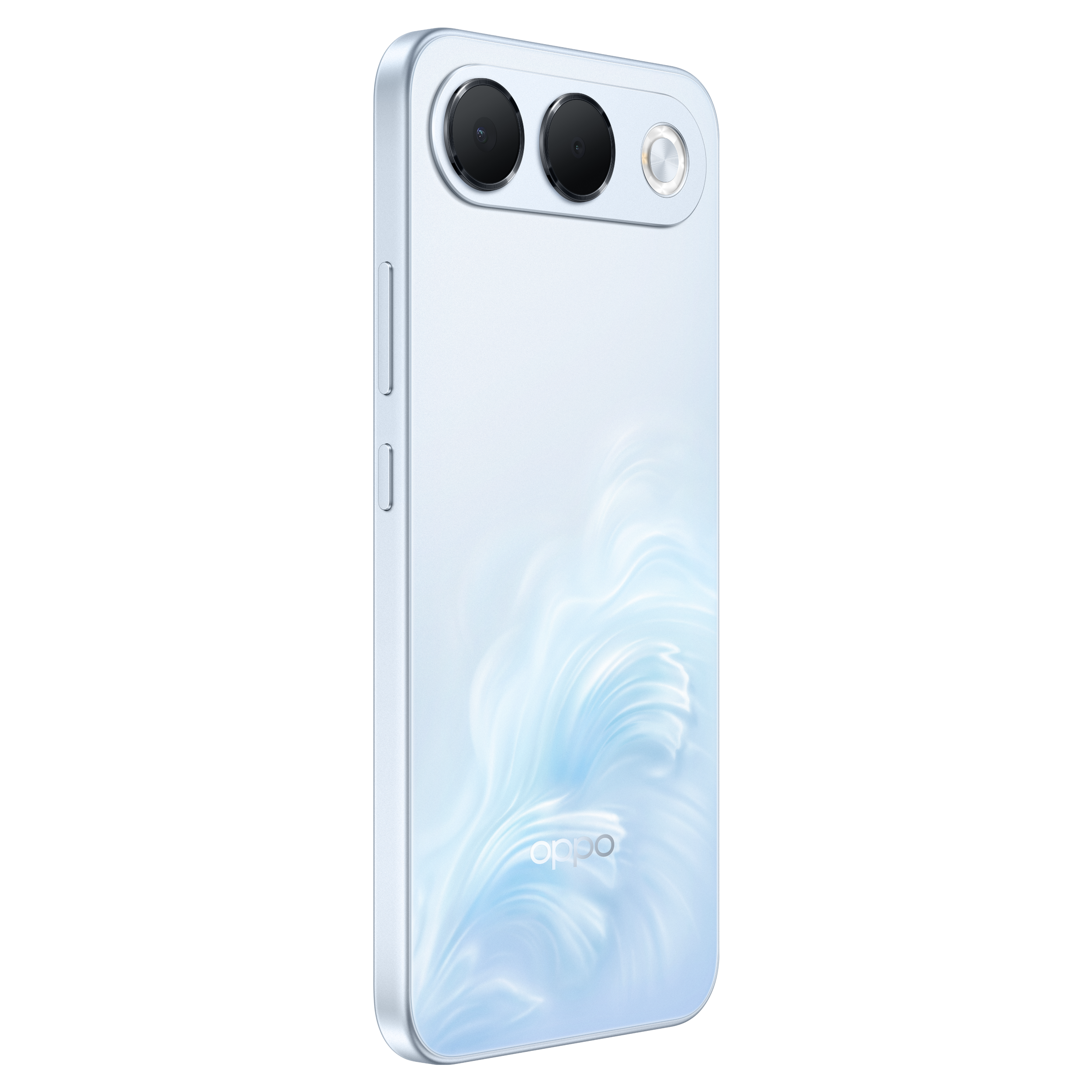 Dos d'un smartphone Oppo bleu clair avec deux objectifs d'appareil photo et un motif tournoyant.