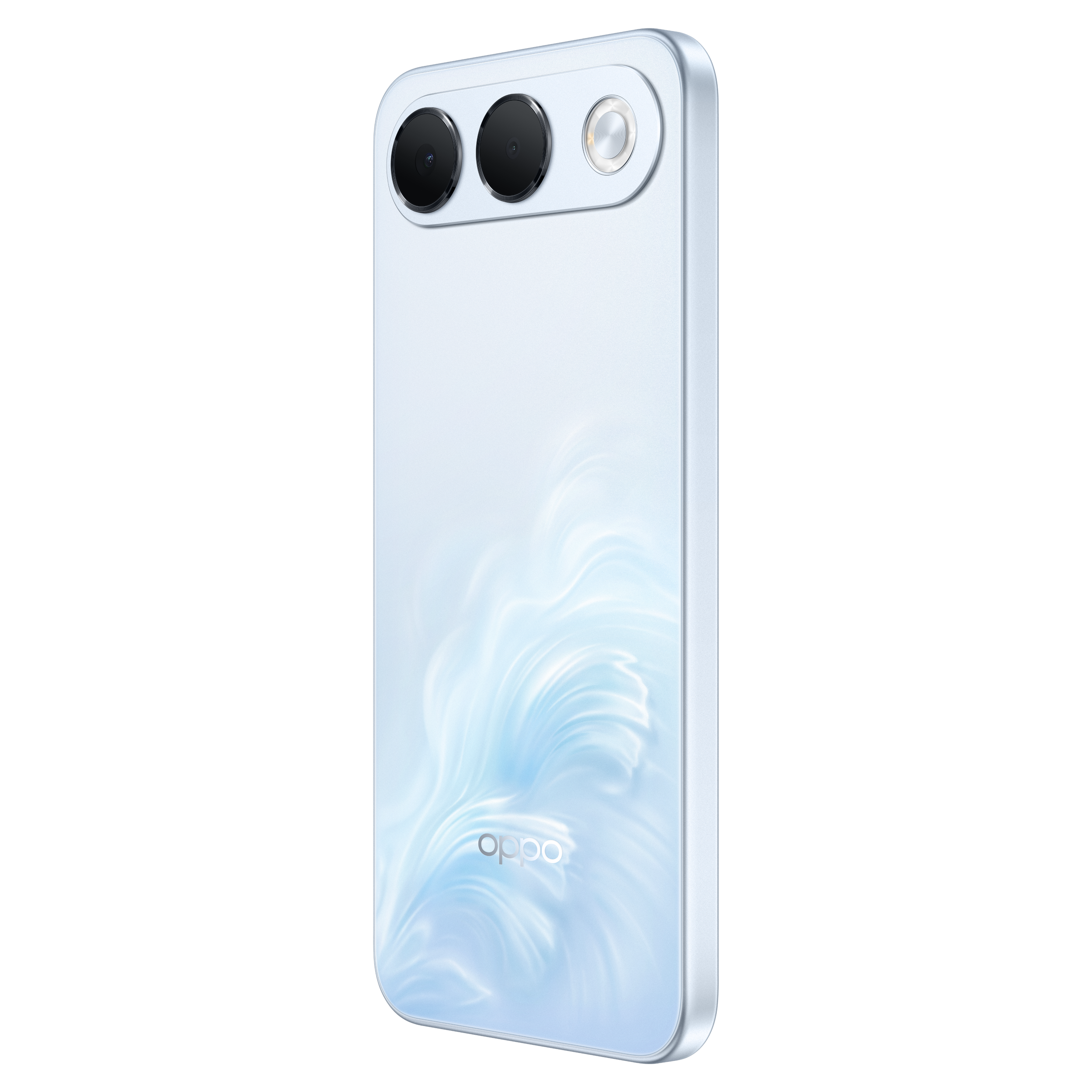 Un smartphone Oppo bleu clair vu de dos, avec un double appareil photo et un motif ondulé.