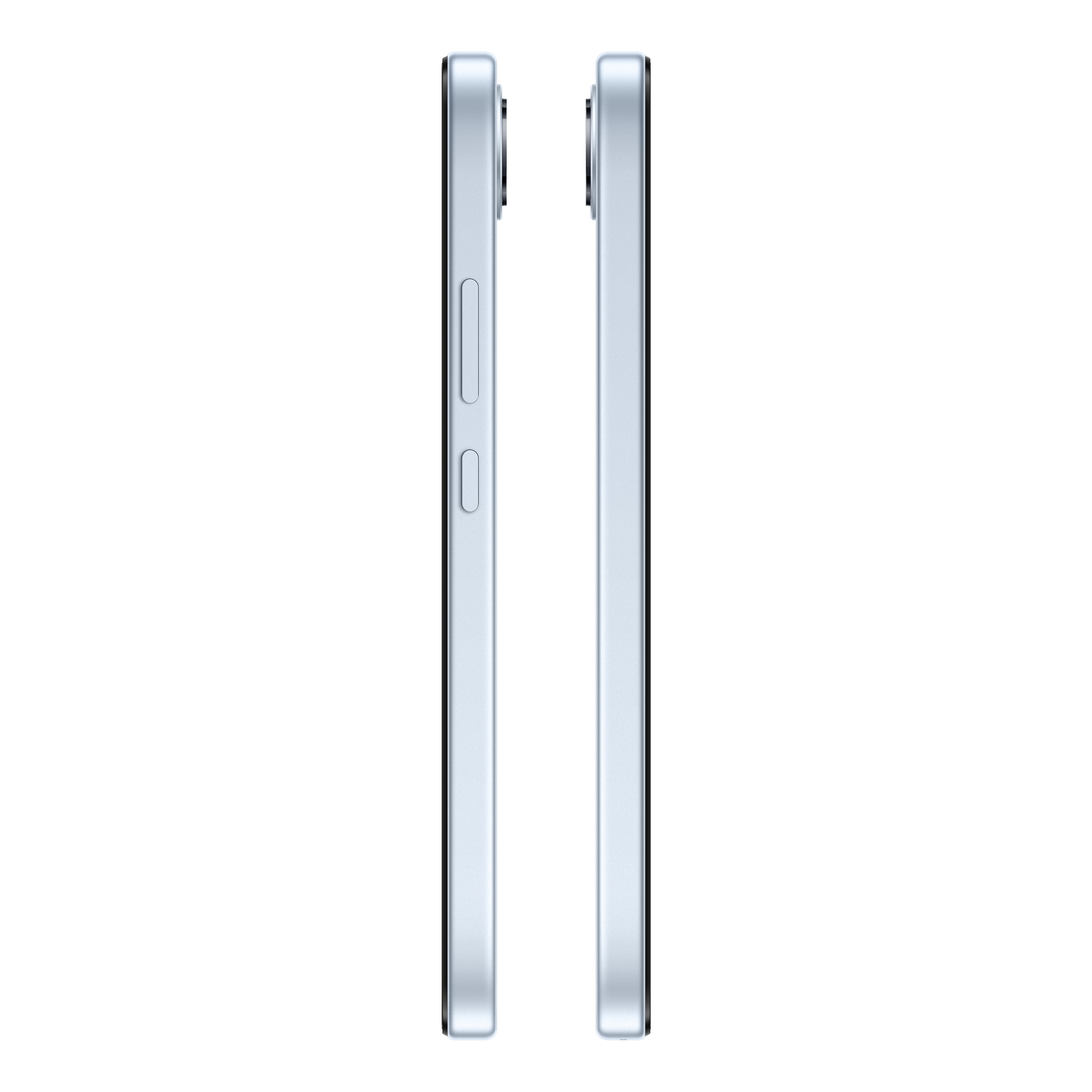 Vue latérale de deux smartphones argentés avec boutons et appareil photo.