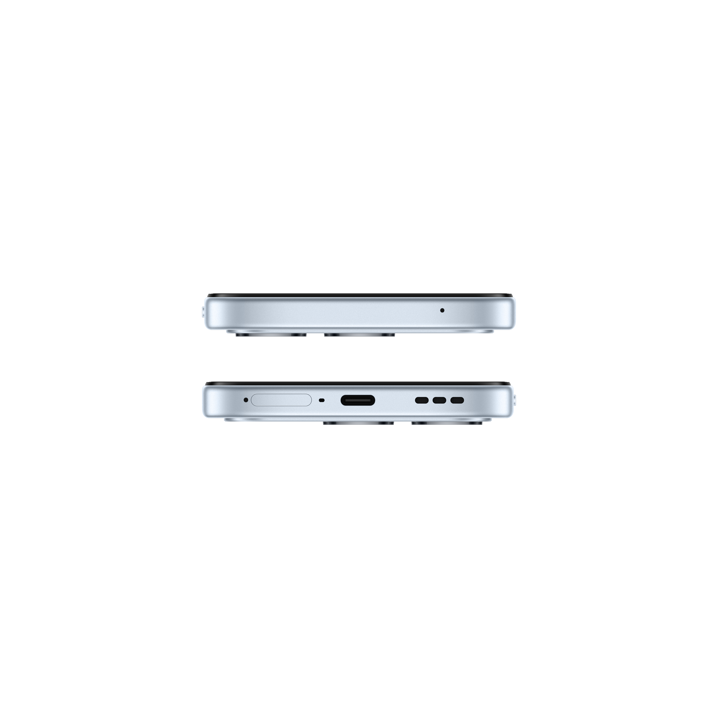 Bords supérieur et inférieur d'un smartphone argenté sur fond blanc.