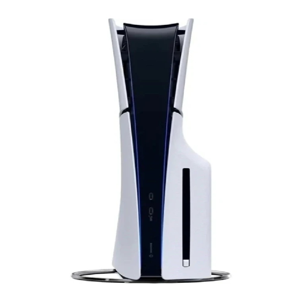 Düz arka plan önünde yuvarlak stant üzerinde dikey siyah-beyaz PlayStation 5 konsolu.
