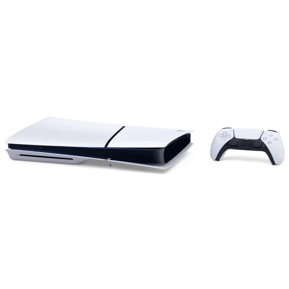 Beyaz arka plan önünde uyumlu kontrol cihazıyla birlikte beyaz bir PlayStation 5 konsolu.