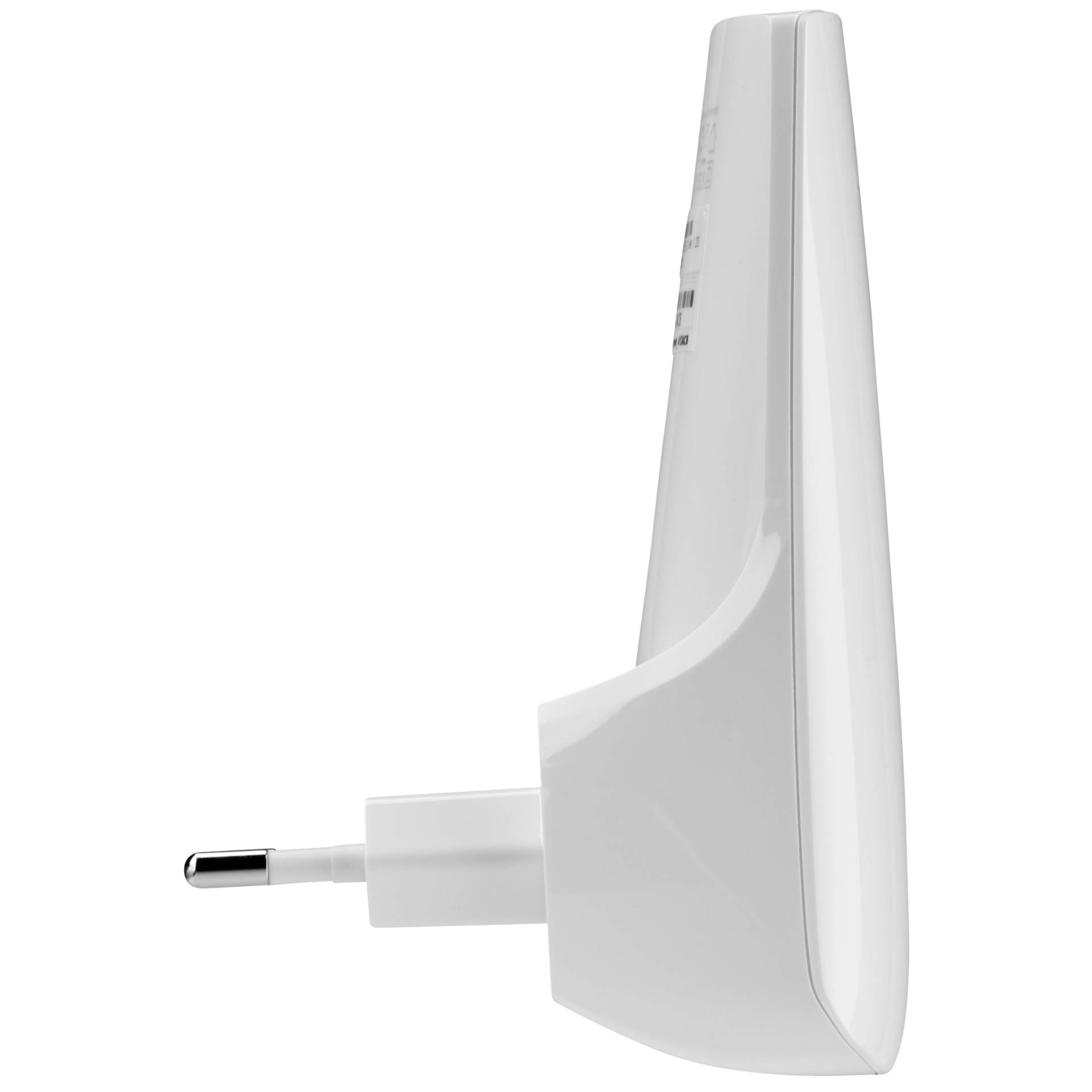 Un extensor de Wi-Fi blanco con un enchufe en un lateral, visto de perfil sobre fondo blanco.