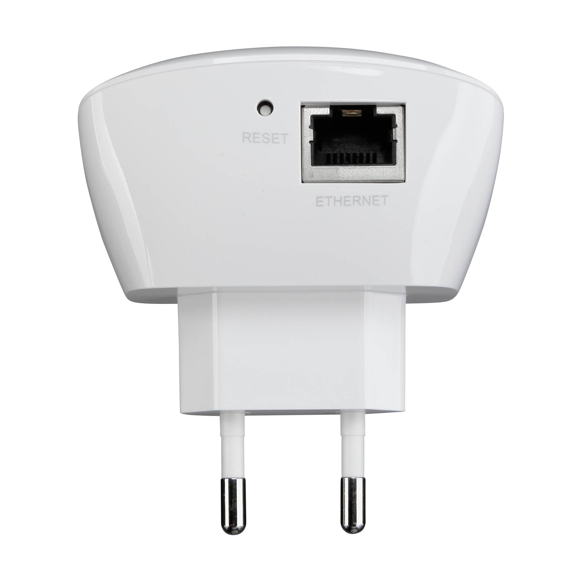 Un adaptador PLC blanco con botón de reinicio y puerto ethernet sobre fondo blanco.