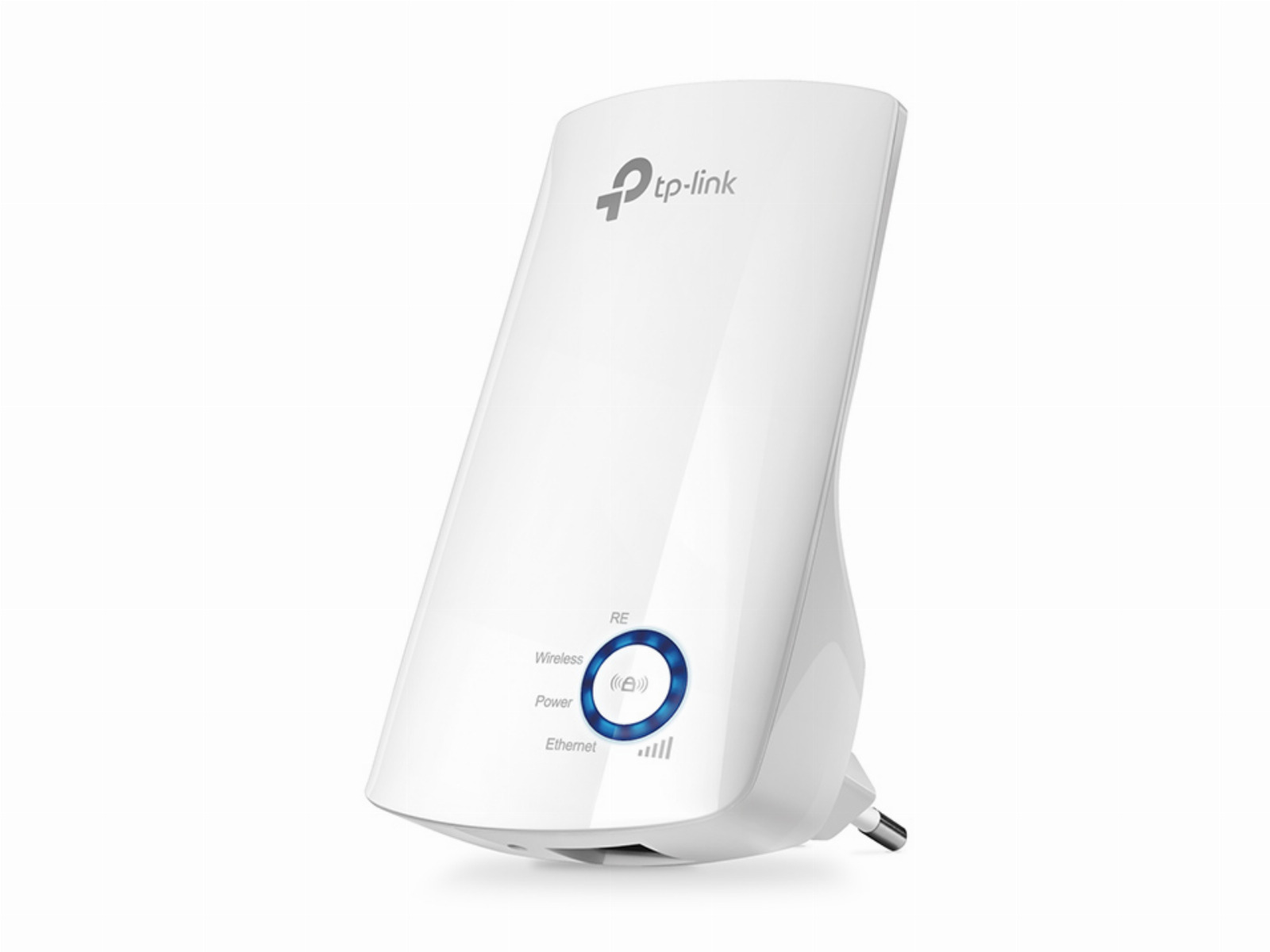 Un extensor de alcance Wi-Fi TP-Link blanco con un indicador LED azul brillante sobre fondo blanco.