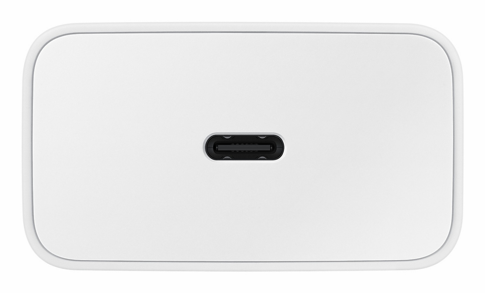 A white USB-C power adapter featuring a single USB-C port in the center.