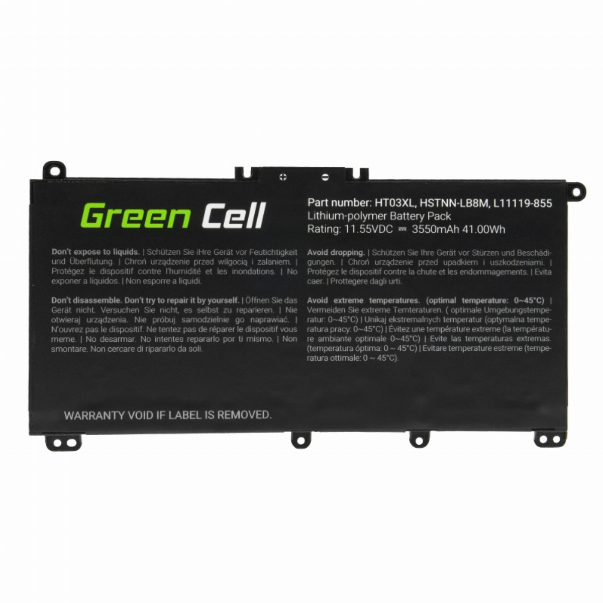 Una batería negra para portátil Green Cell con texto de advertencia y especificaciones en blanco y verde sobre fondo blanco.