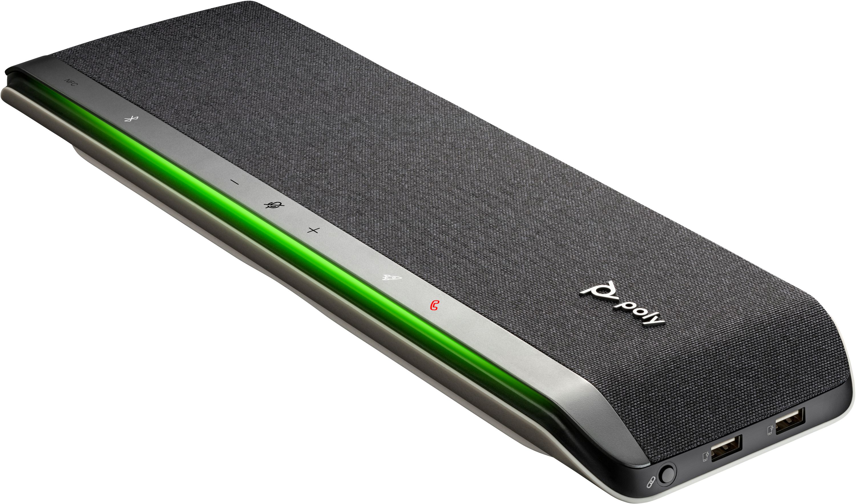 Altavoz Poly negro con una barra LED verde y botones de control en el lateral.