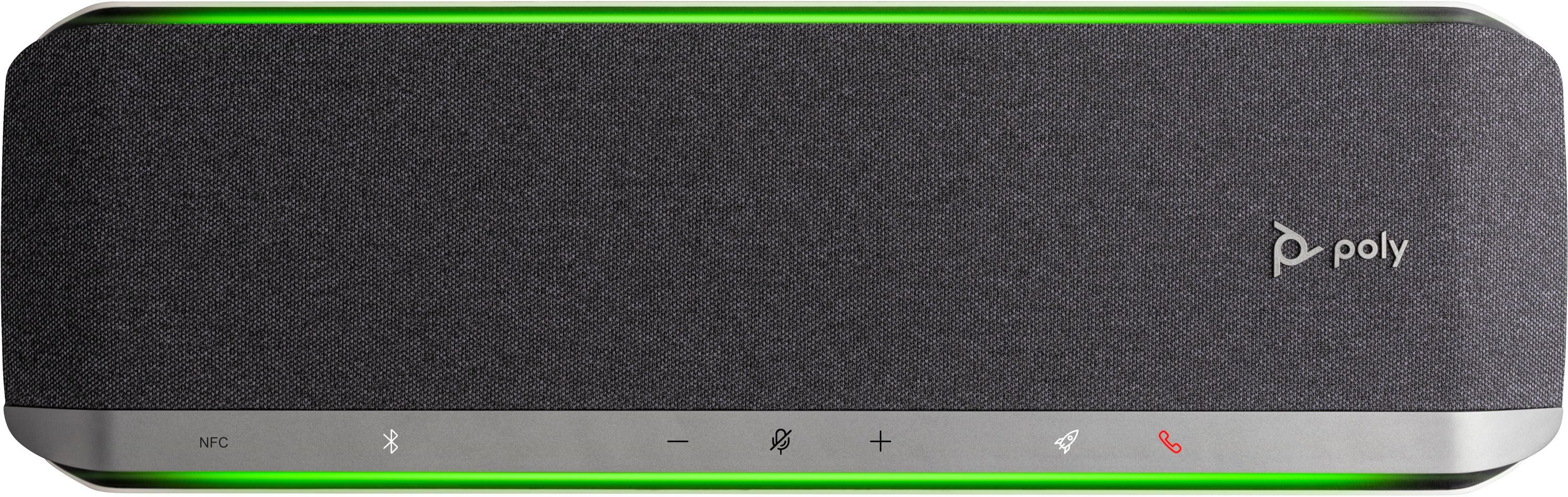 Altavoz Poly gris con tiras de luz verde arriba y abajo, y botones.