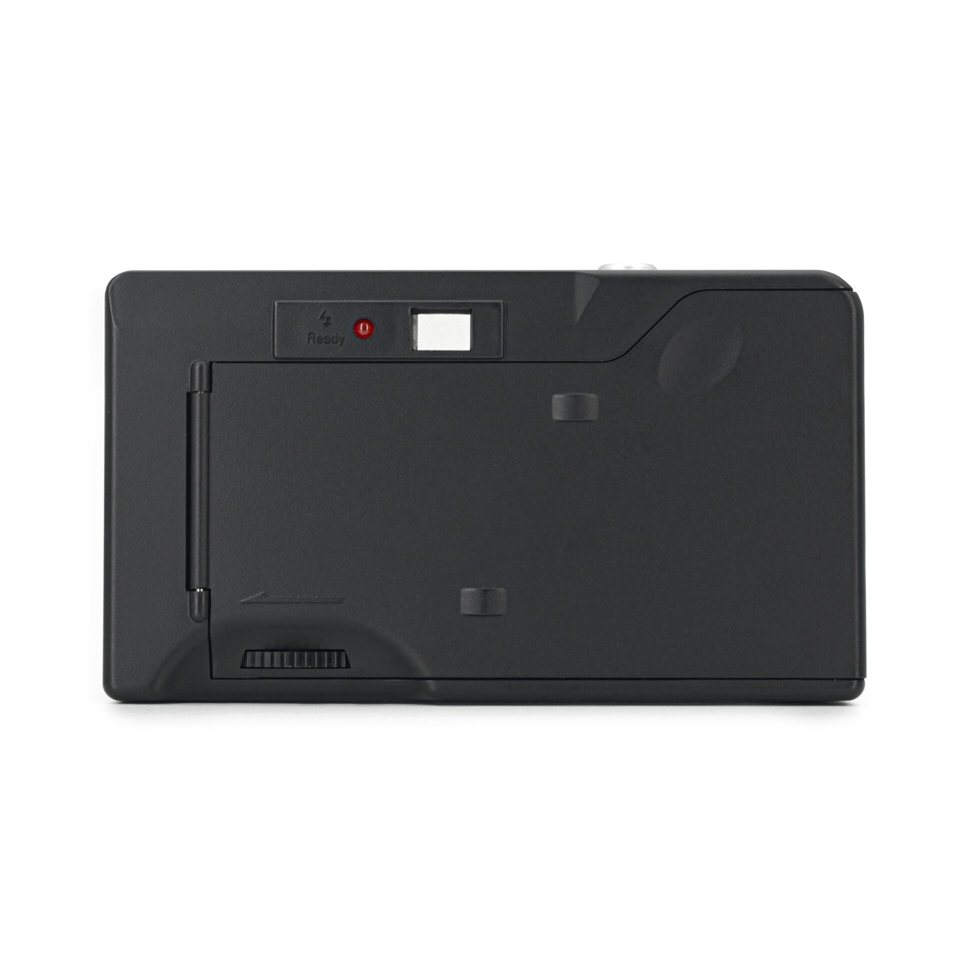 Vista trasera de una cámara compacta negra con visor e indicador rojo.