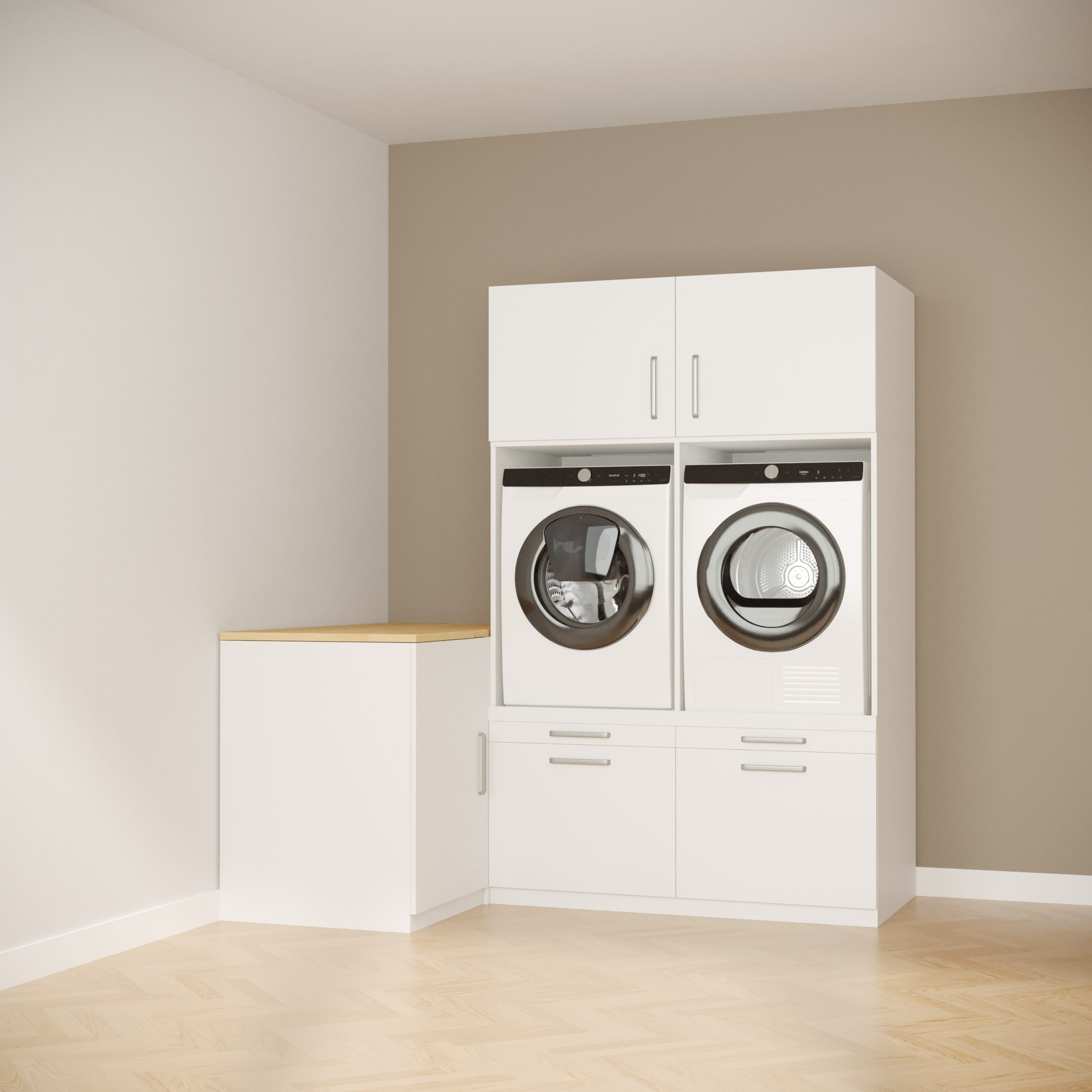 Moderne Waschküche mit weißen Schränken, Waschmaschine und Trockner vor einer grauen Wand und Holzboden.
