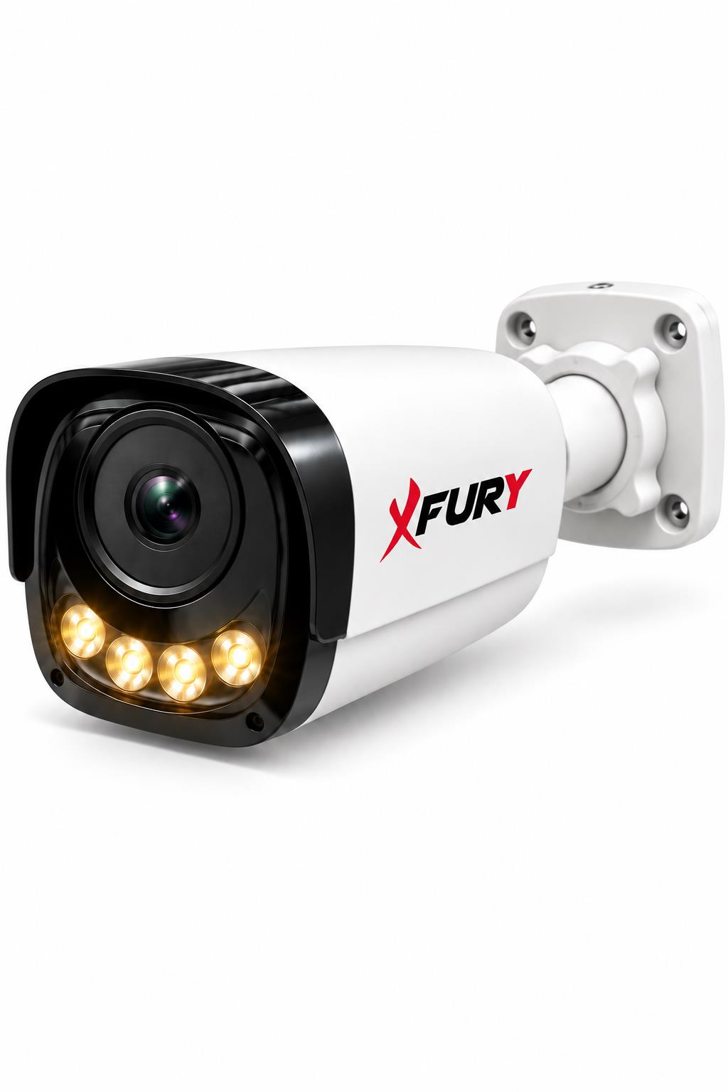 Beyaz arka planda dört yanan sarı LED ve kırmızı FURY yazılı beyaz güvenlik kamerası.