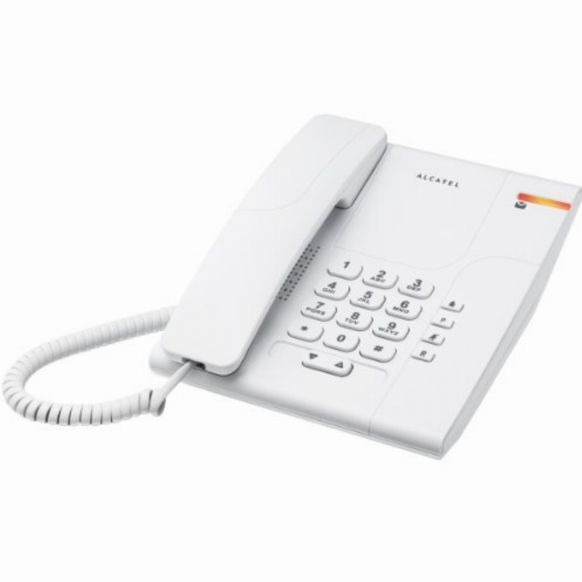 Un teléfono fijo Alcatel blanco con botones y auricular sobre un fondo blanco.