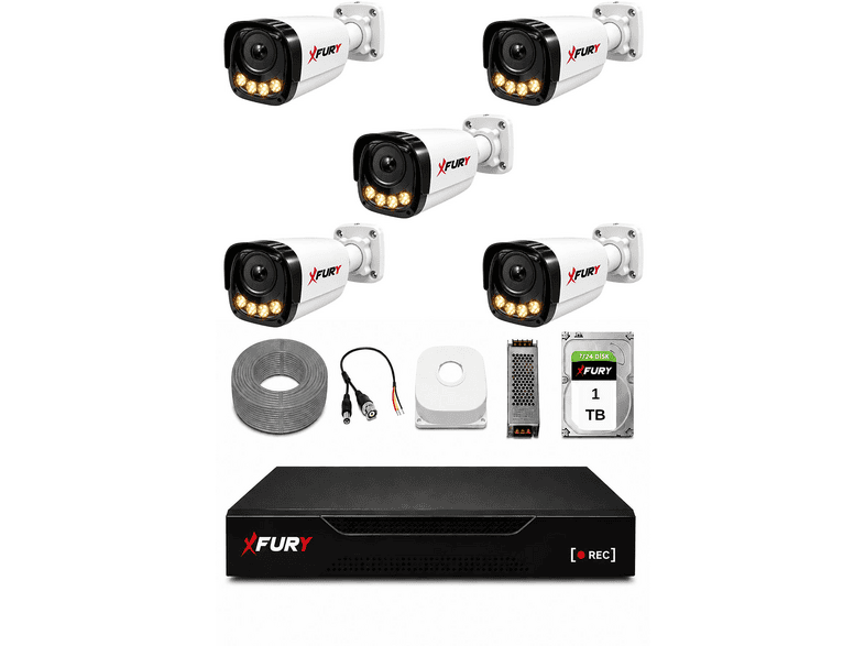 FURY 5 Kameralı 4 Warm LED Gece Renkli Görüş 1 TB HDD Güvenlik Kamera Seti Siyah