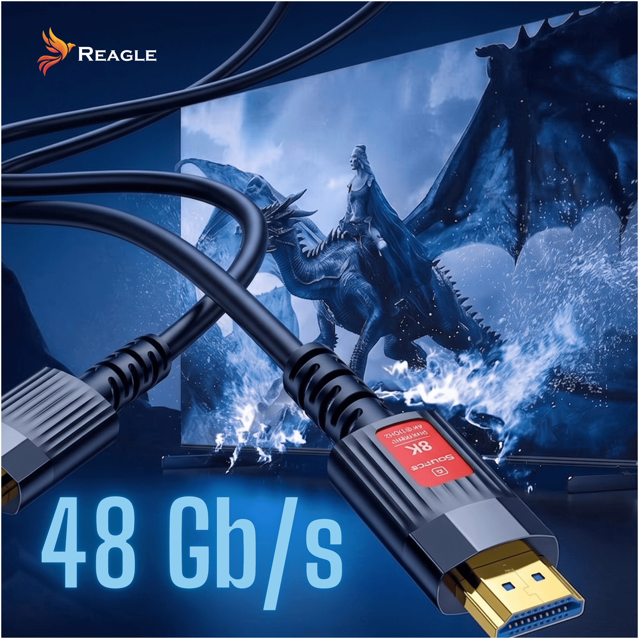 Zwei schwarze Reagle HDMI-Kabel mit goldenen Anschlüssen vor einem Fantasy-TV-Hintergrund.