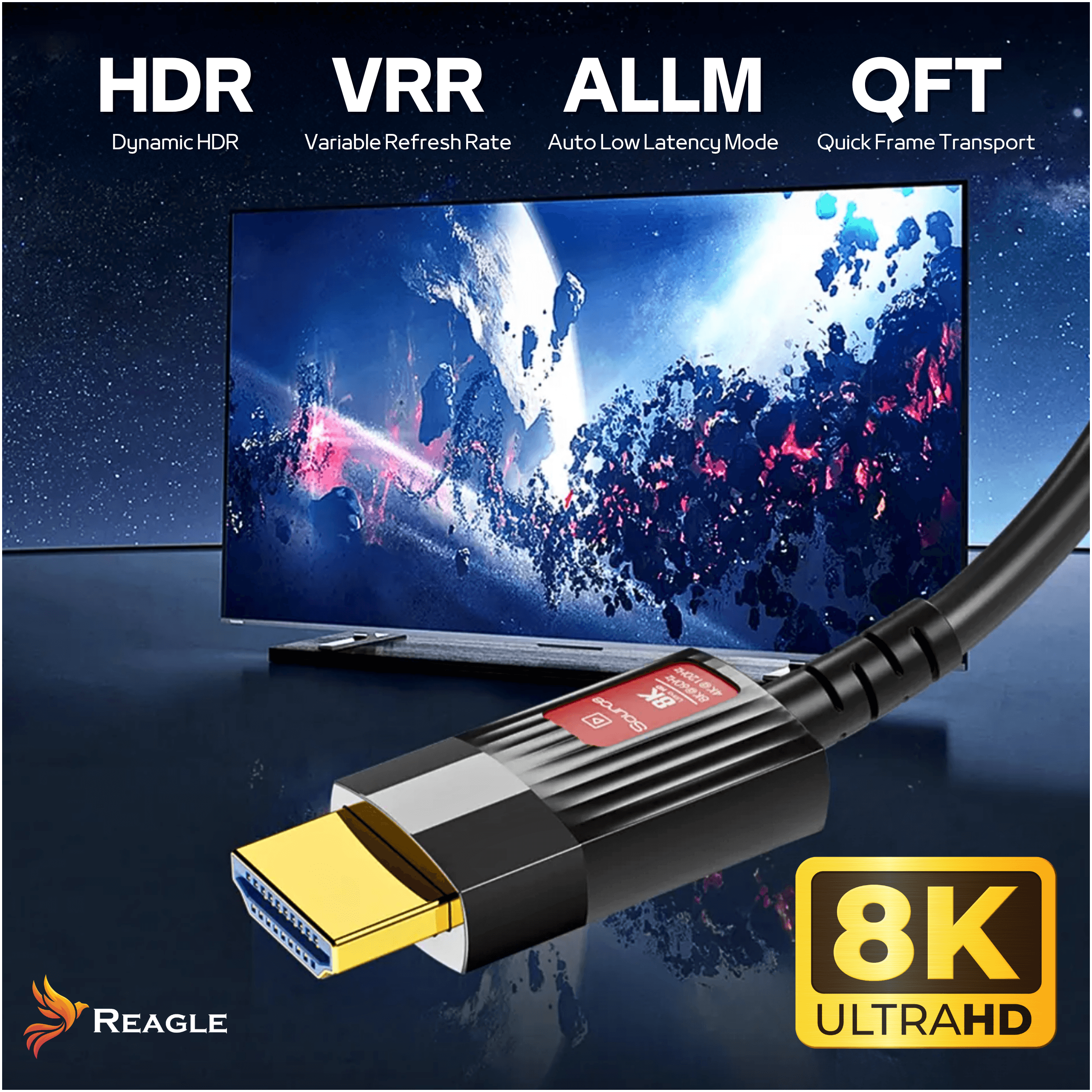 Ein 8K-HDMI-Kabel im Vordergrund mit einem TV-Bildschirm im Hintergrund, der eine Weltraumszene zeigt.
