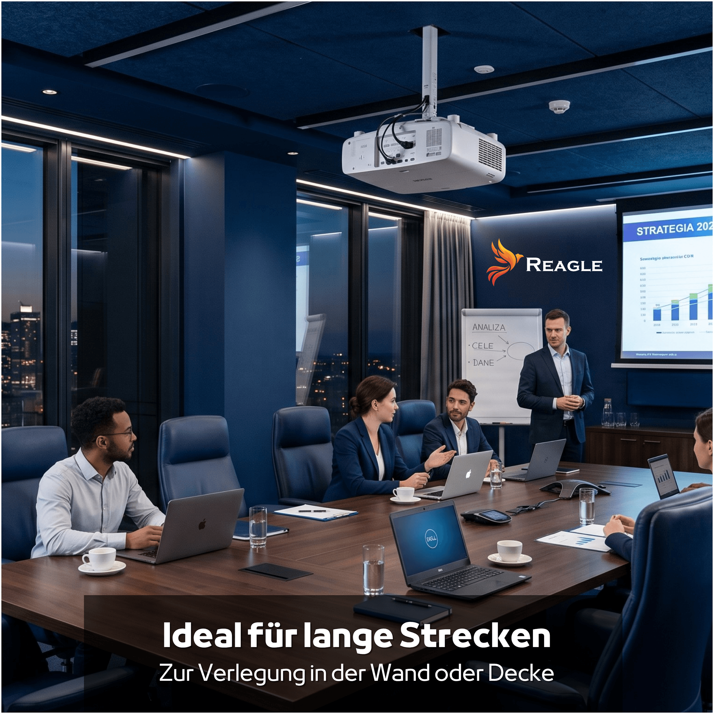 Moderne Besprechung mit Mitarbeitern an einem Holztisch, Beamer und Präsentation im Raum.