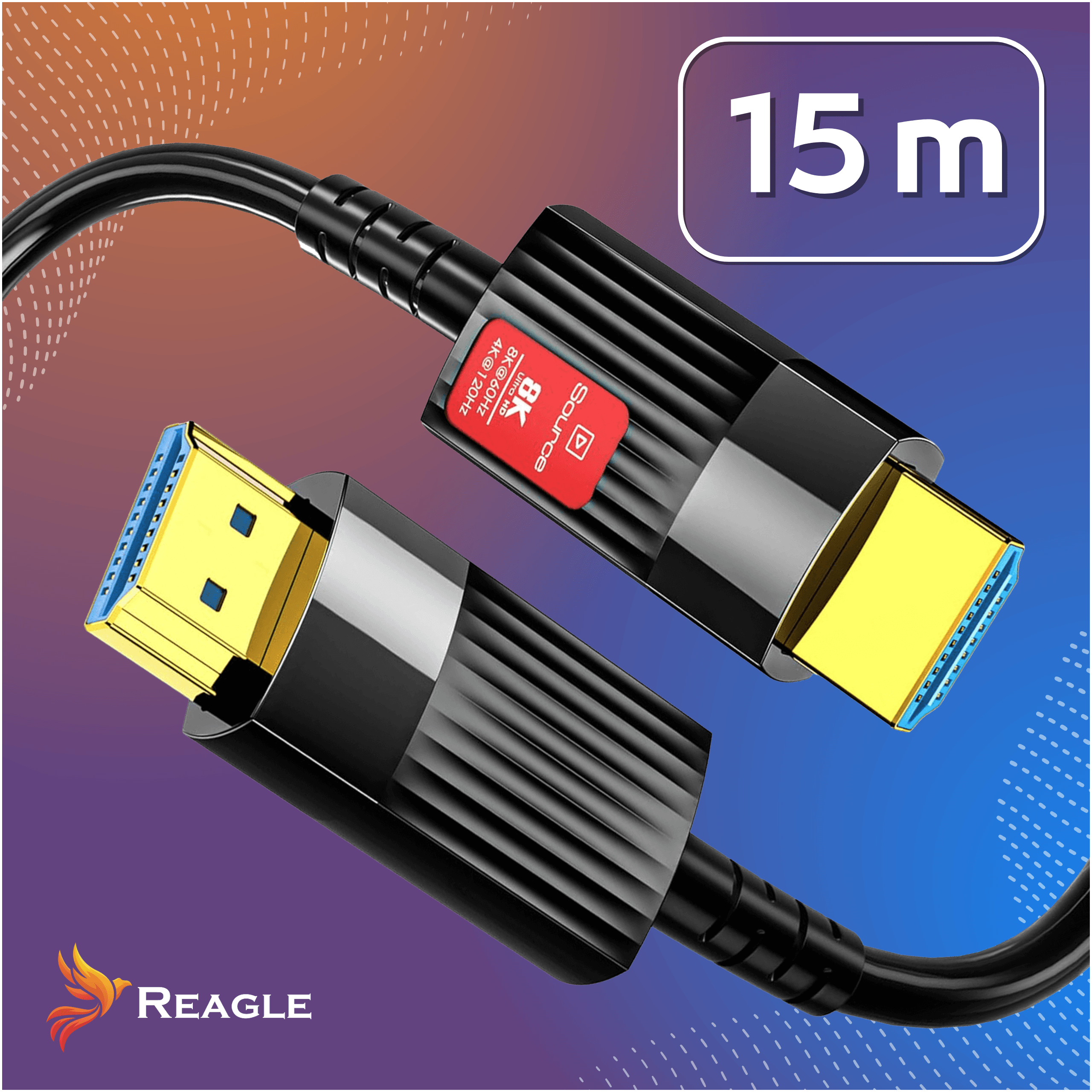 Zwei schwarze 8K-HDMI-Kabel mit vergoldeten Anschlüssen vor gradientem Hintergrund und einer 15m-Markierung.