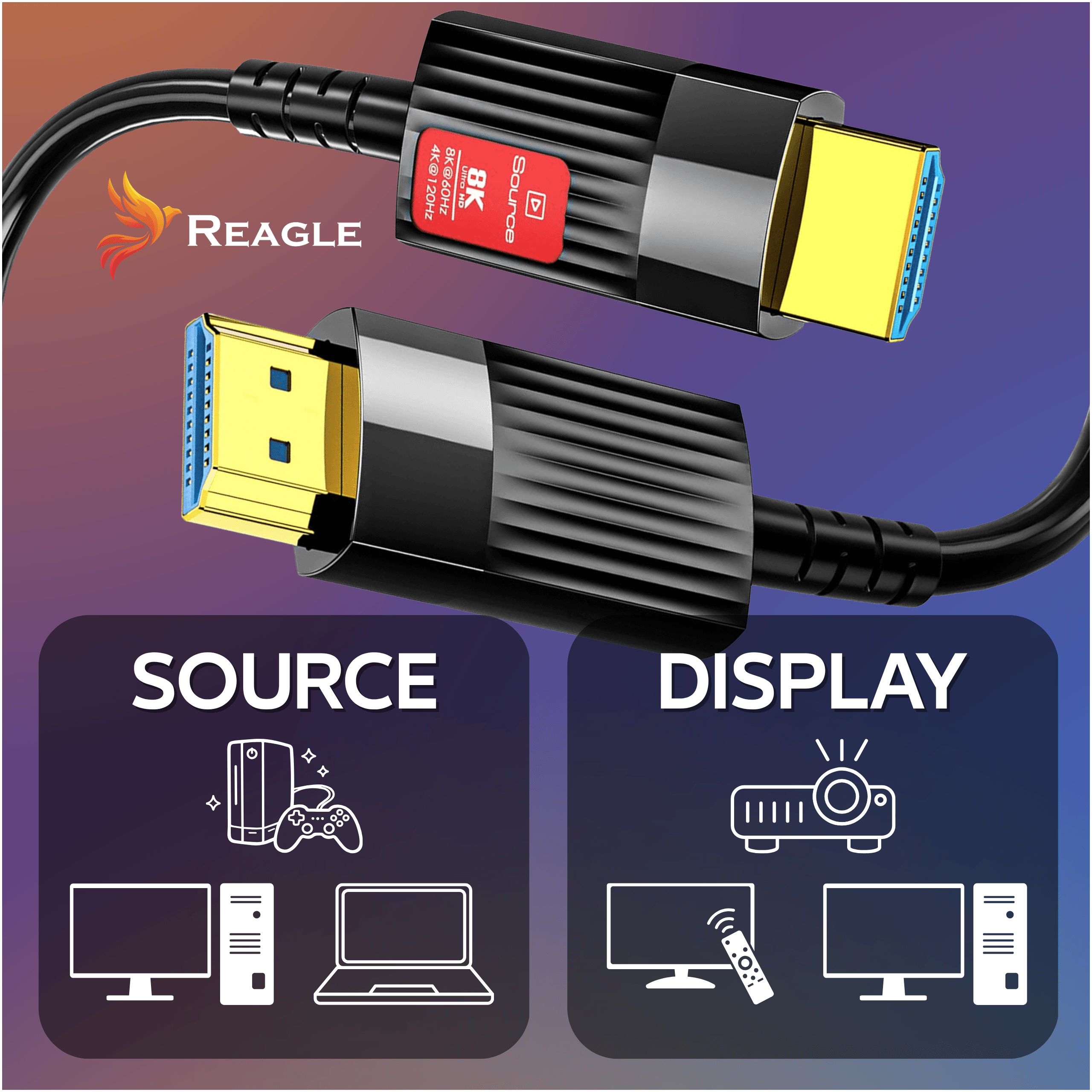 Zwei schwarze HDMI-Kabel mit goldenen Steckern für Quelle und Display, mit kompatiblen Geräten.