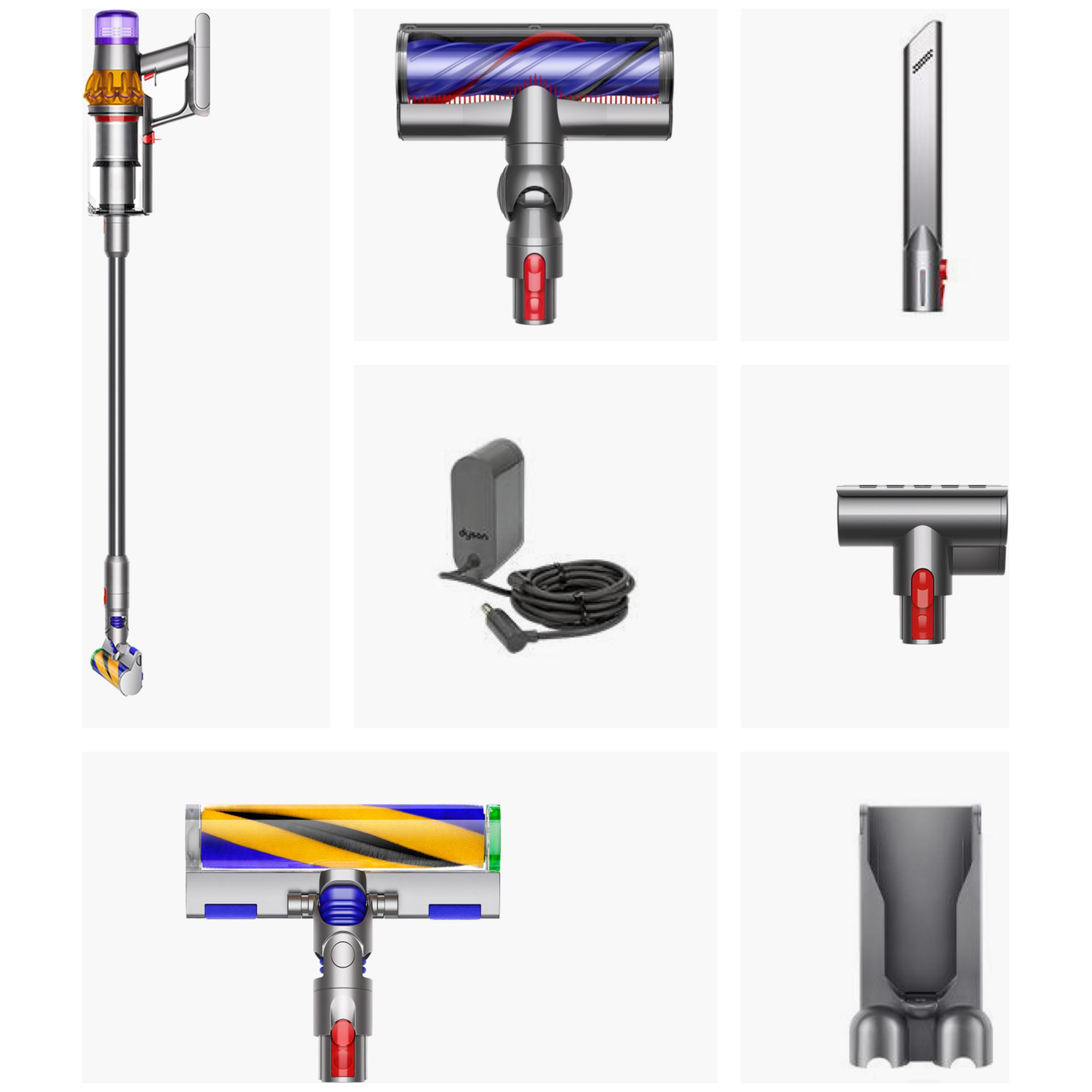 Un aspirapolvere senza fili Dyson mostrato con vari accessori su uno sfondo bianco.