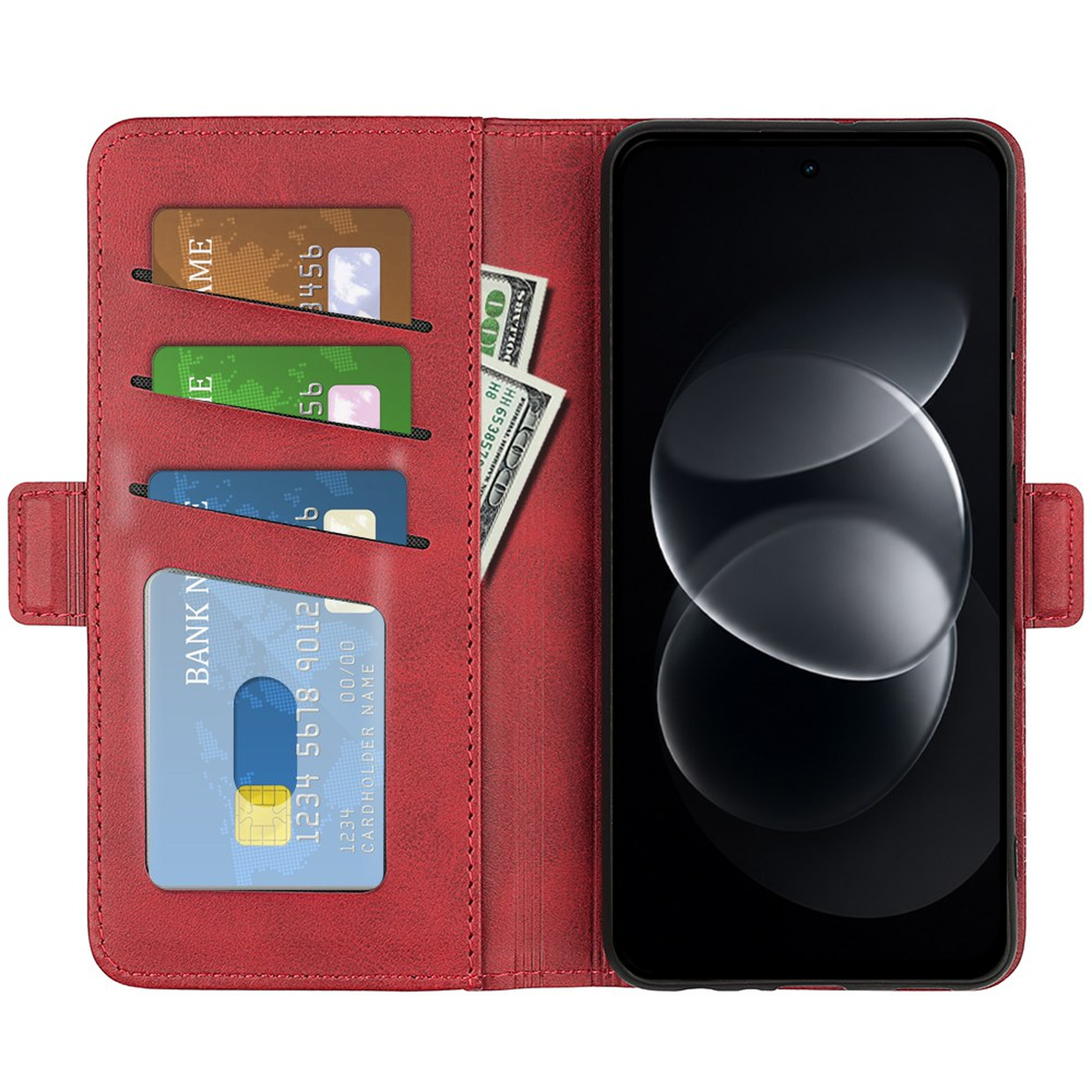 Rode leren hoesje met pashouders, contant geld en een smartphone rechts.