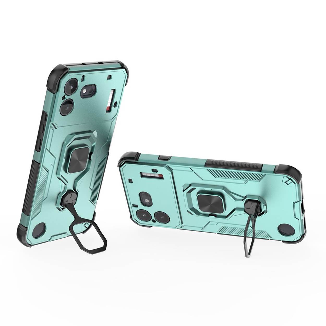 Twee turquoisetelefoonhoesjes met zwarte accenten en een ingebouwde ringstandaard, verticaal en horizontaal getoond.