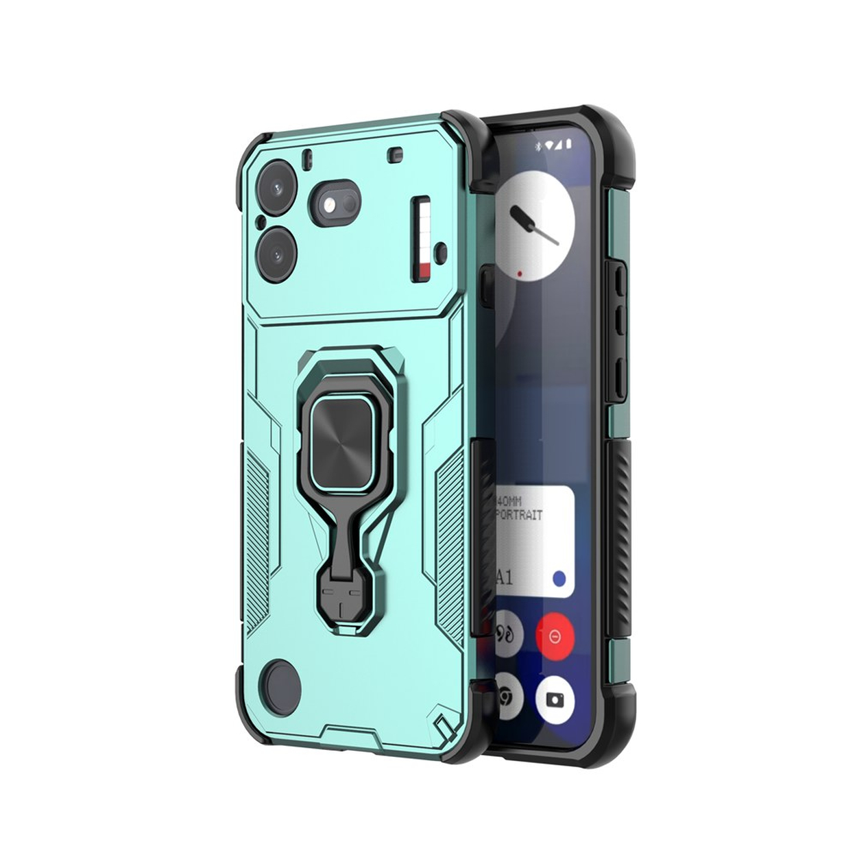 Een lichtblauwe, stevige telefoonhoes met een zwarte ringstandaard op de achterkant en zichtbaar scherm.