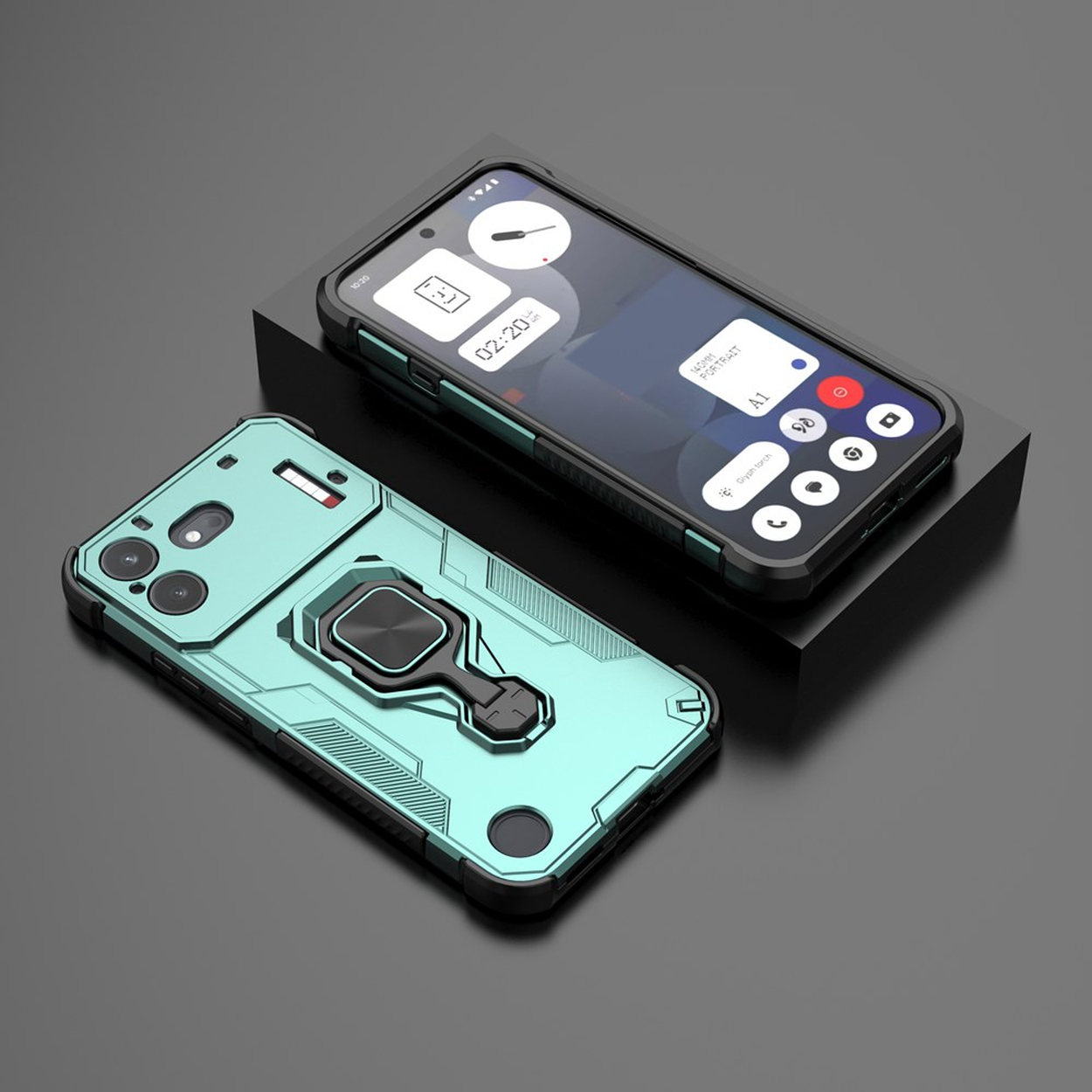 Een mintgroene smartphone in een robuuste hoes met standaard ligt op een zwart oppervlak naast een andere.