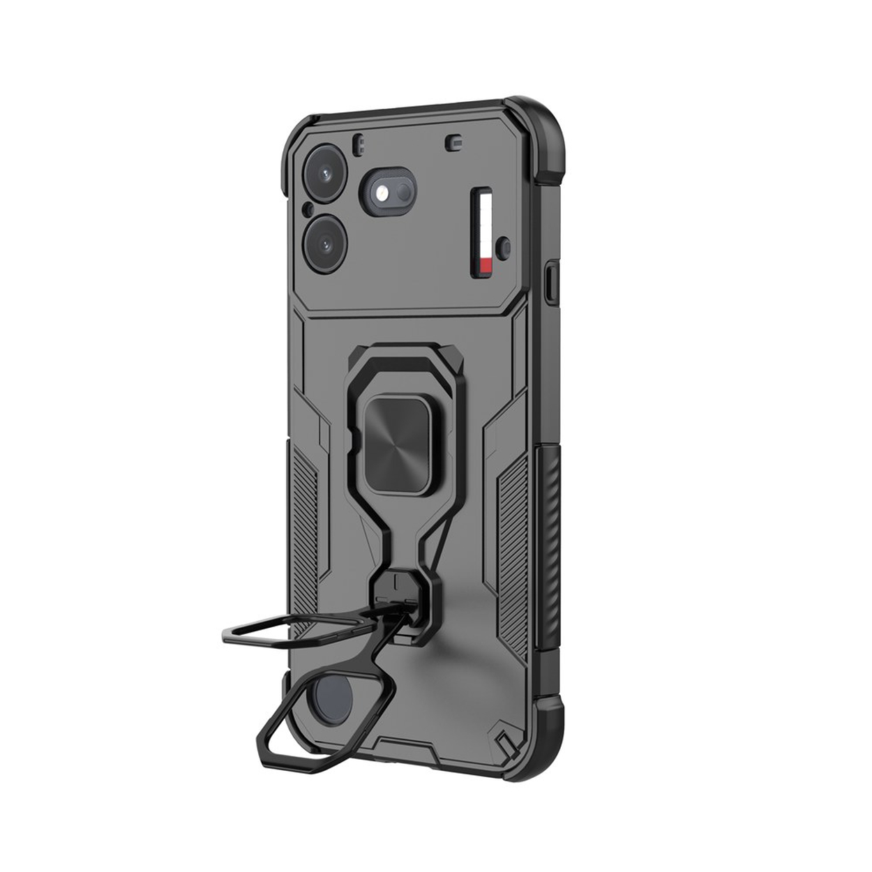 Een stevig zwart telefoonhoesje met ingebouwde standaard op witte achtergrond.
