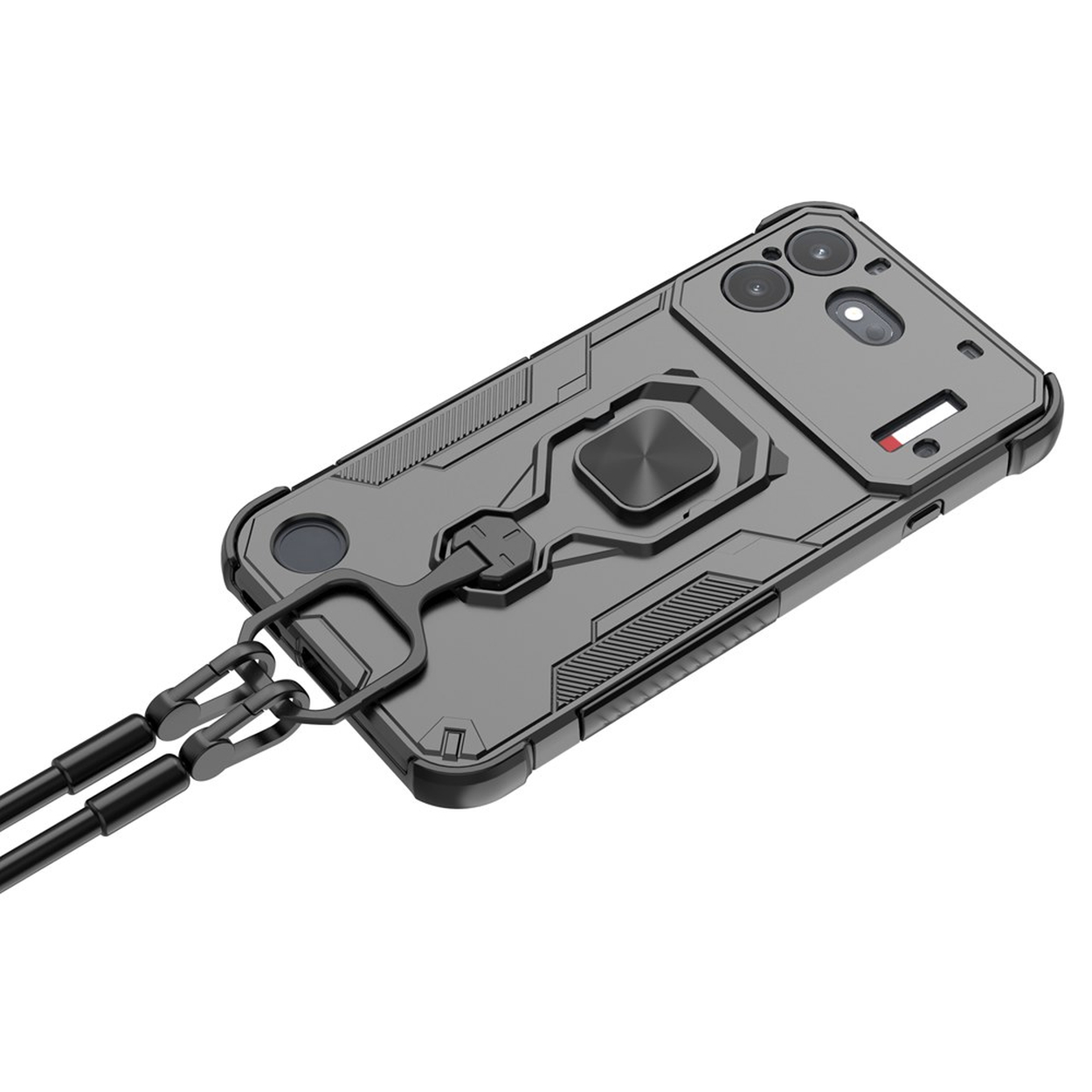 Een stevig zwart telefoonhoesje met ringstandaard en draagkoord op een witte achtergrond.