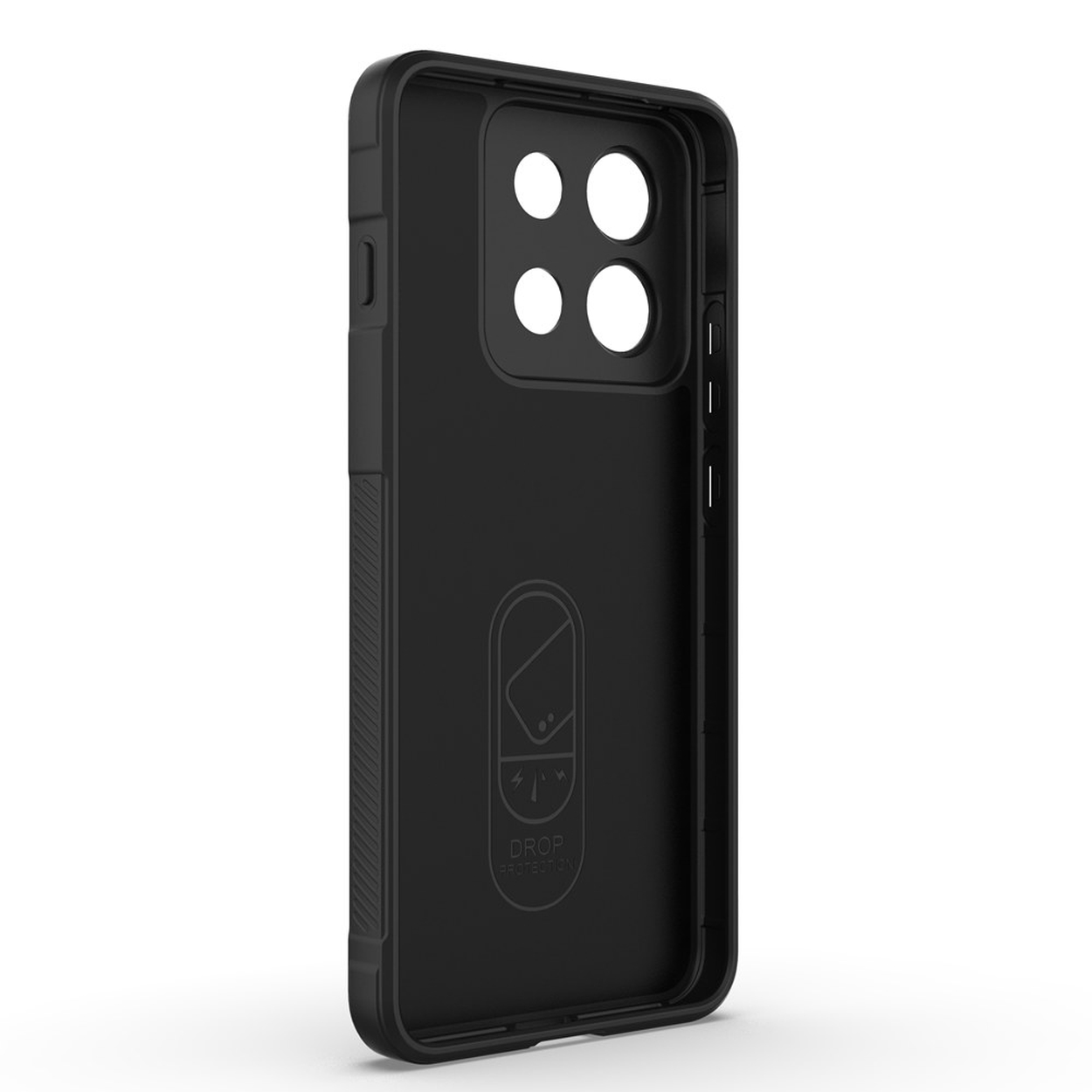 Schwarze Schutzhülle für Smartphones mit Kameralöchern und der Aufschrift 'Drop Protection' innen.