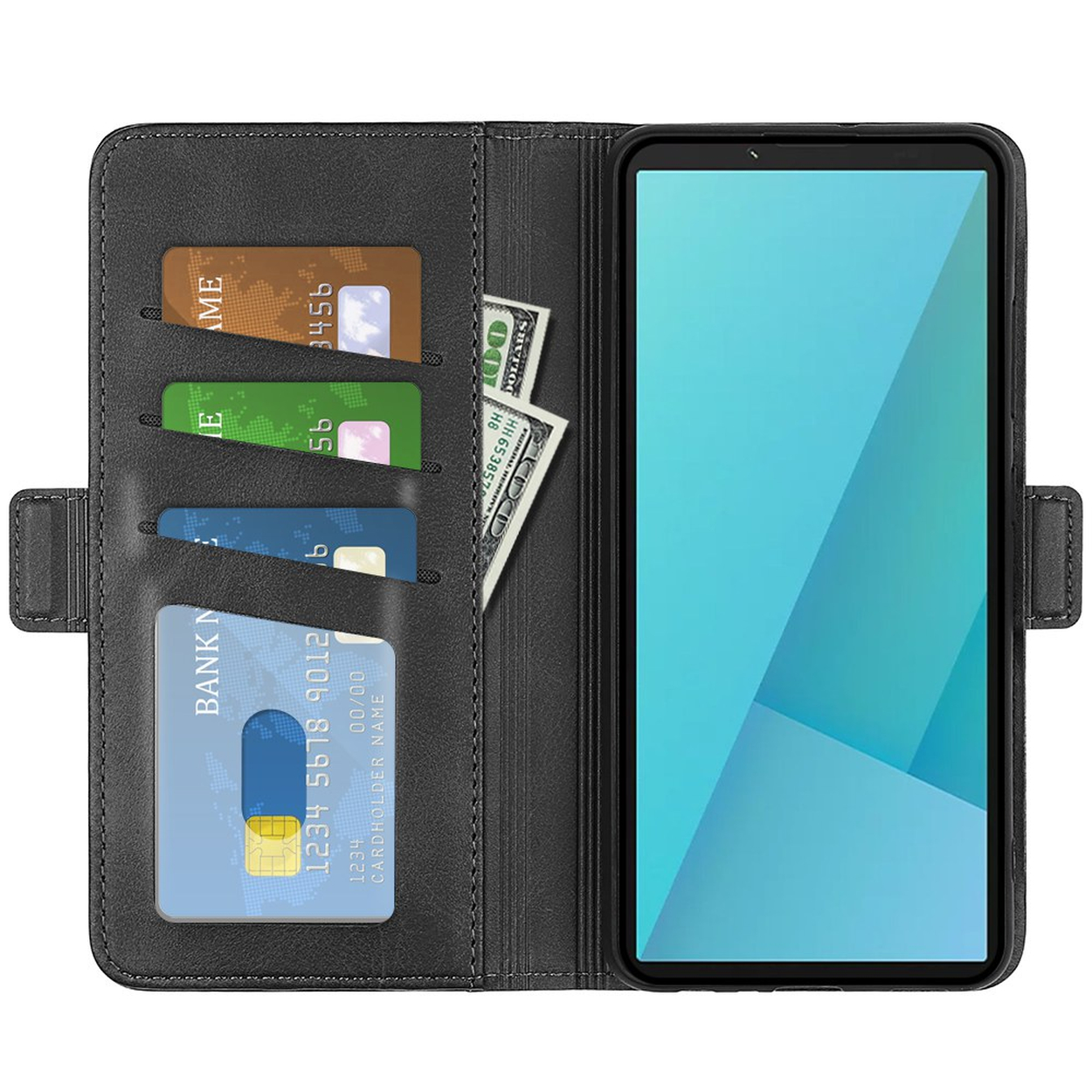 Étui portefeuille en cuir noir pour téléphone avec fentes et smartphone.