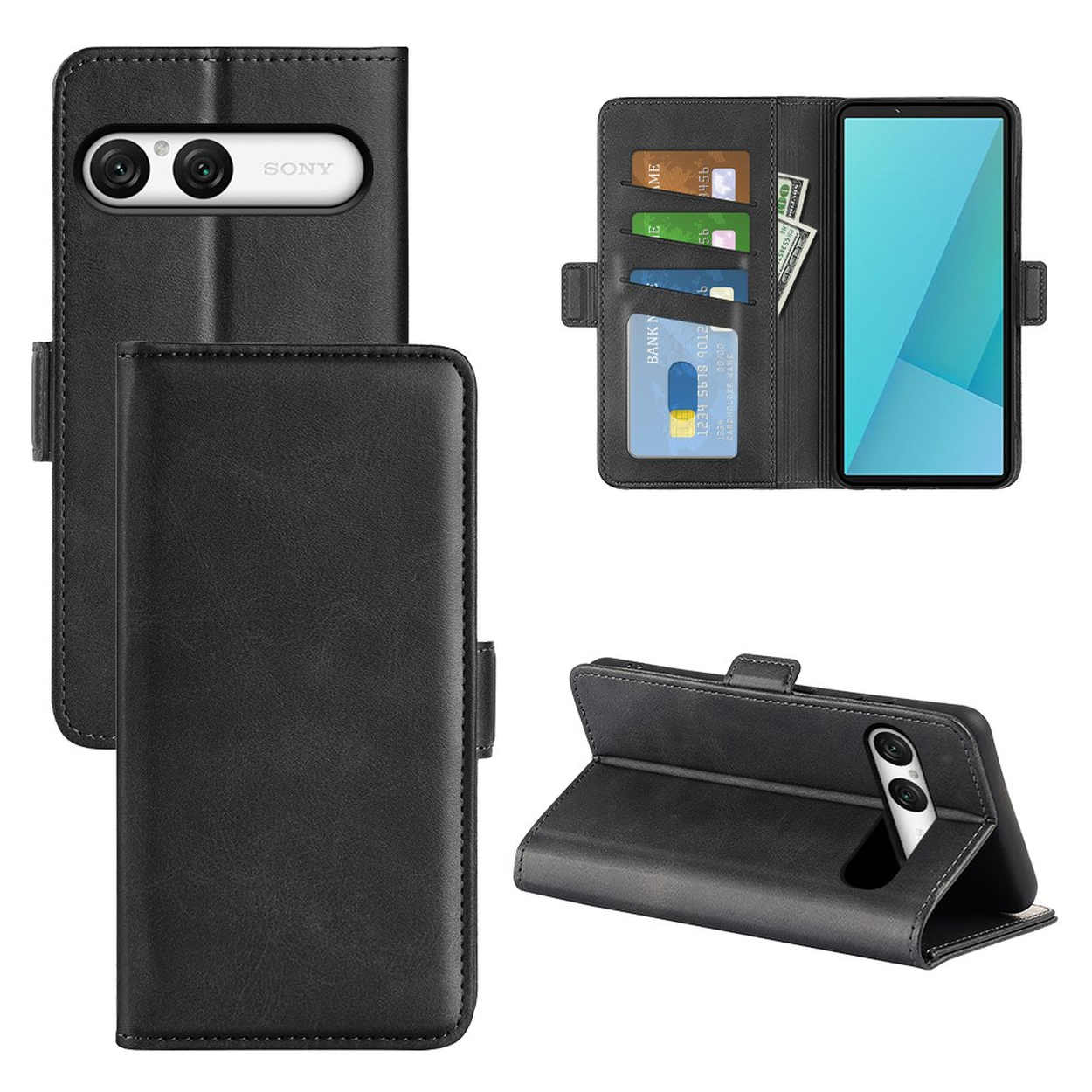 Étui de téléphone en cuir noir avec fentes pour cartes et support pour un smartphone Sony.