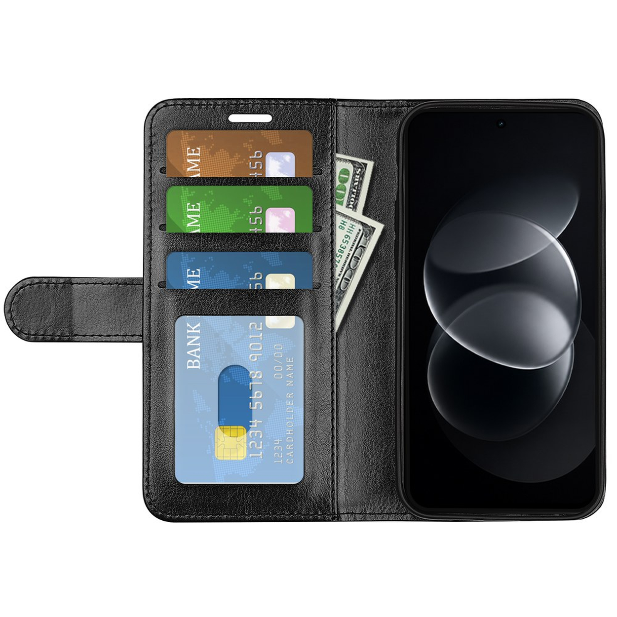 Een zwarte lederen telefoonhoes met vakjes voor vier kaarten en papiergeld, naast een smartphone.