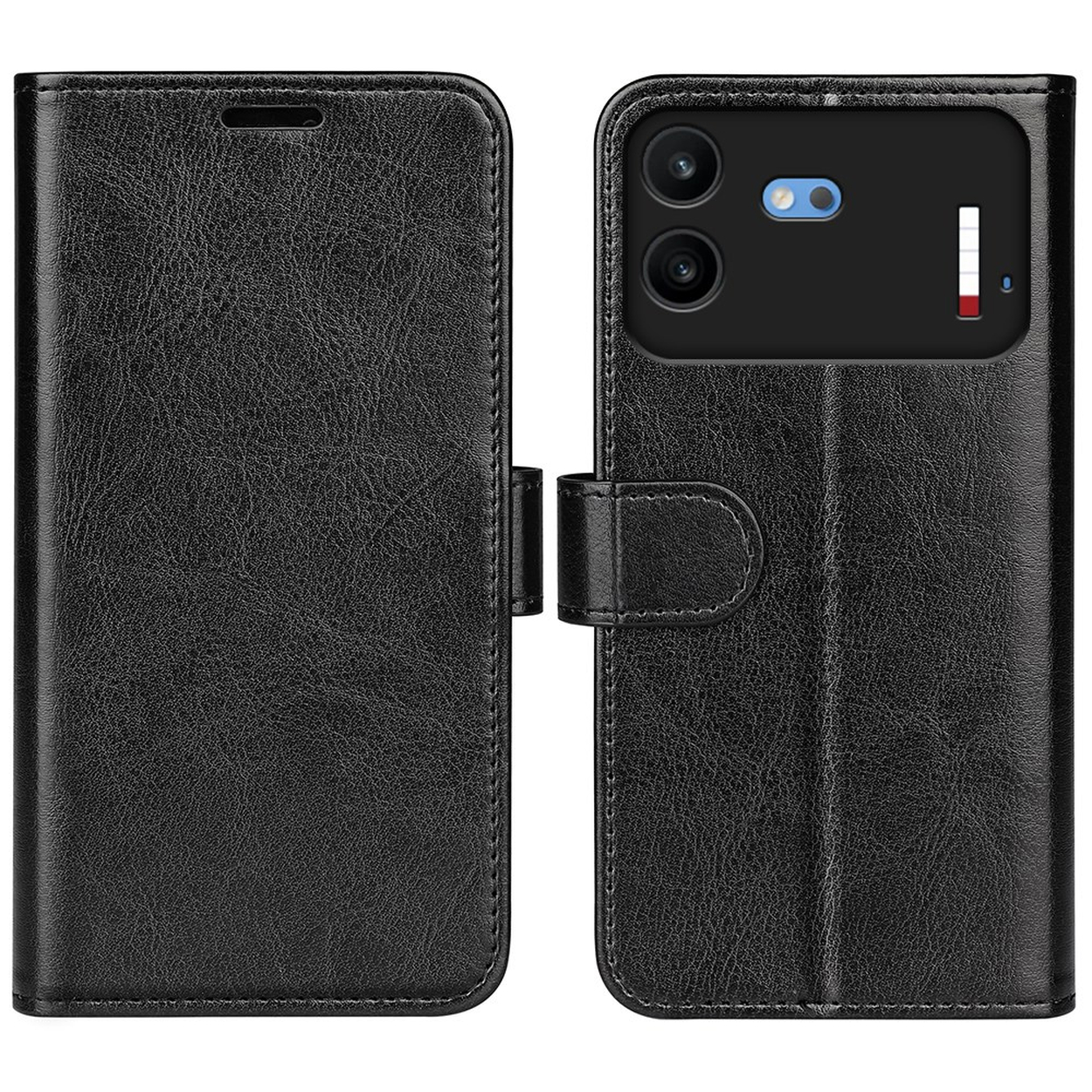 Zwarte lederen portemonneehoes voor smartphone met zichtbare camera-uitsparingen.