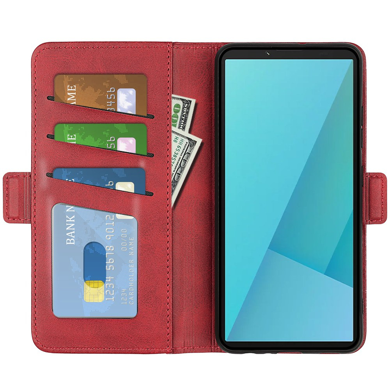 Étui de téléphone en cuir rouge avec fentes pour cartes, espèces et smartphone bleu.