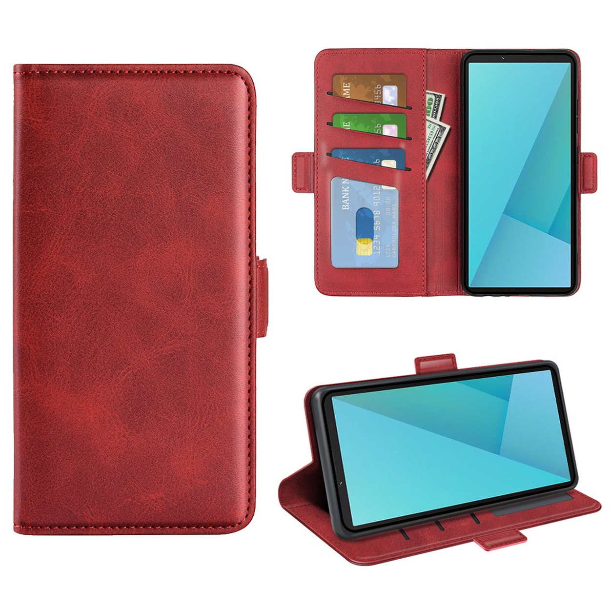 Étui de téléphone en cuir rouge avec fentes pour cartes, poche pour billets et téléphone monté à l'intérieur en vues verticale et horizontale.