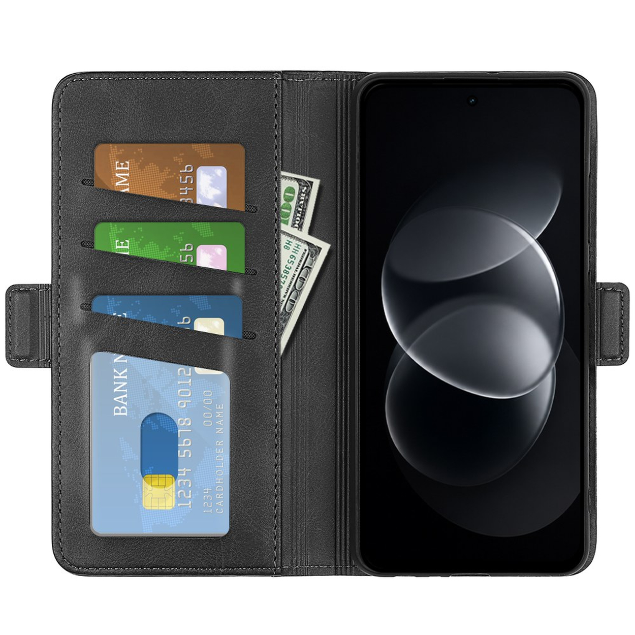 Zwarte lederen portemonneehoesje met vier kaartsleuven, creditcards en contant geld links, en een smartphone rechts.