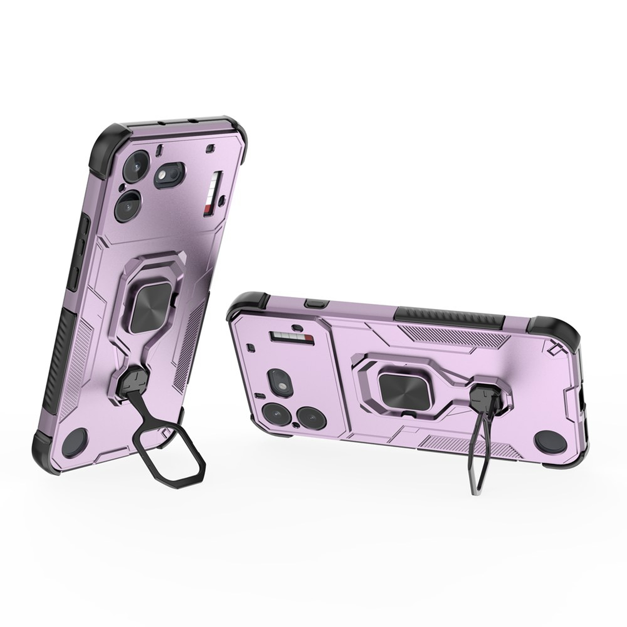 Twee weergaven van een stevige lichtpaarse telefoonhoes met zwarte accenten, camera-uitsparing en standaardring.