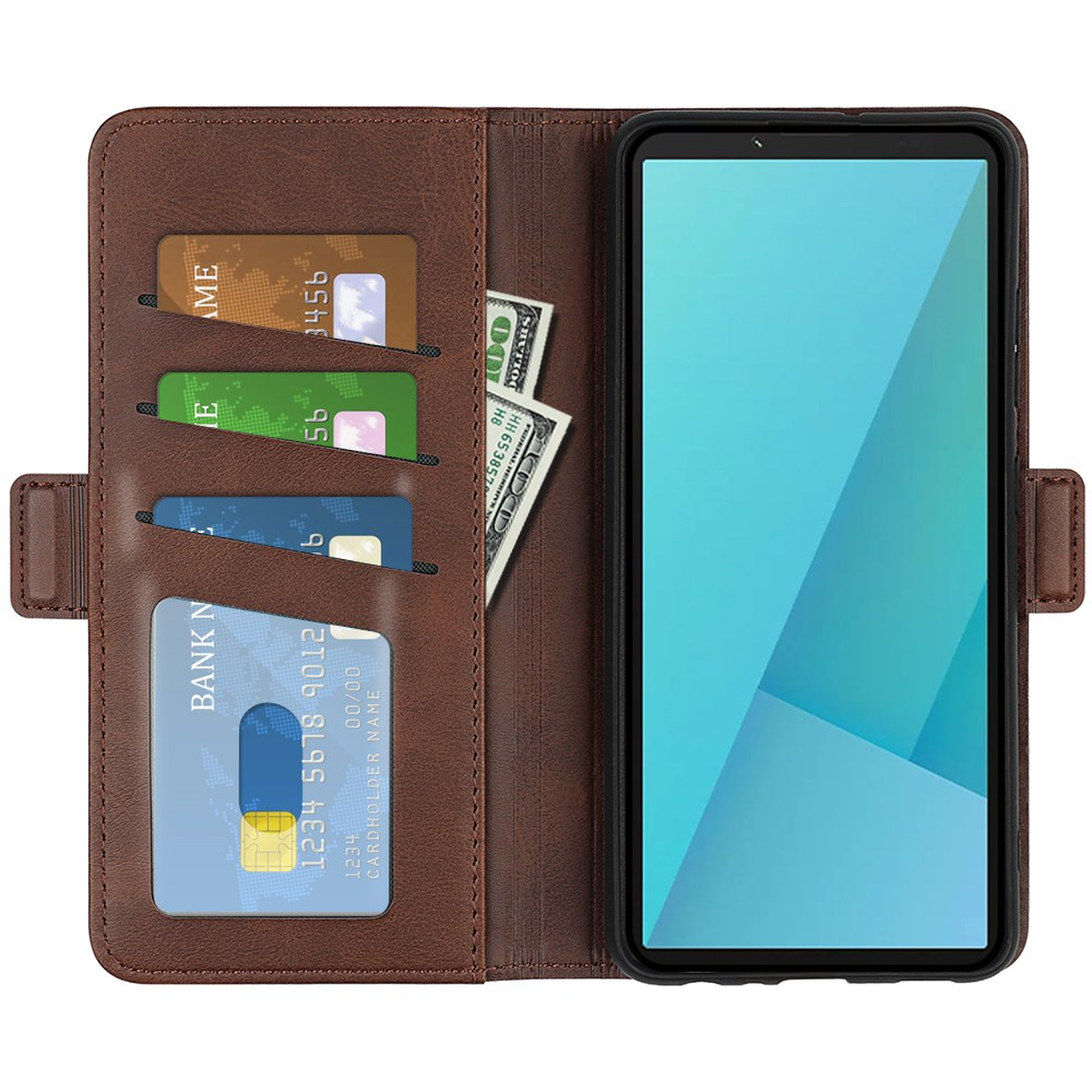 Étui de téléphone en cuir brun avec cartes de crédit, billets et smartphone bleu à droite.