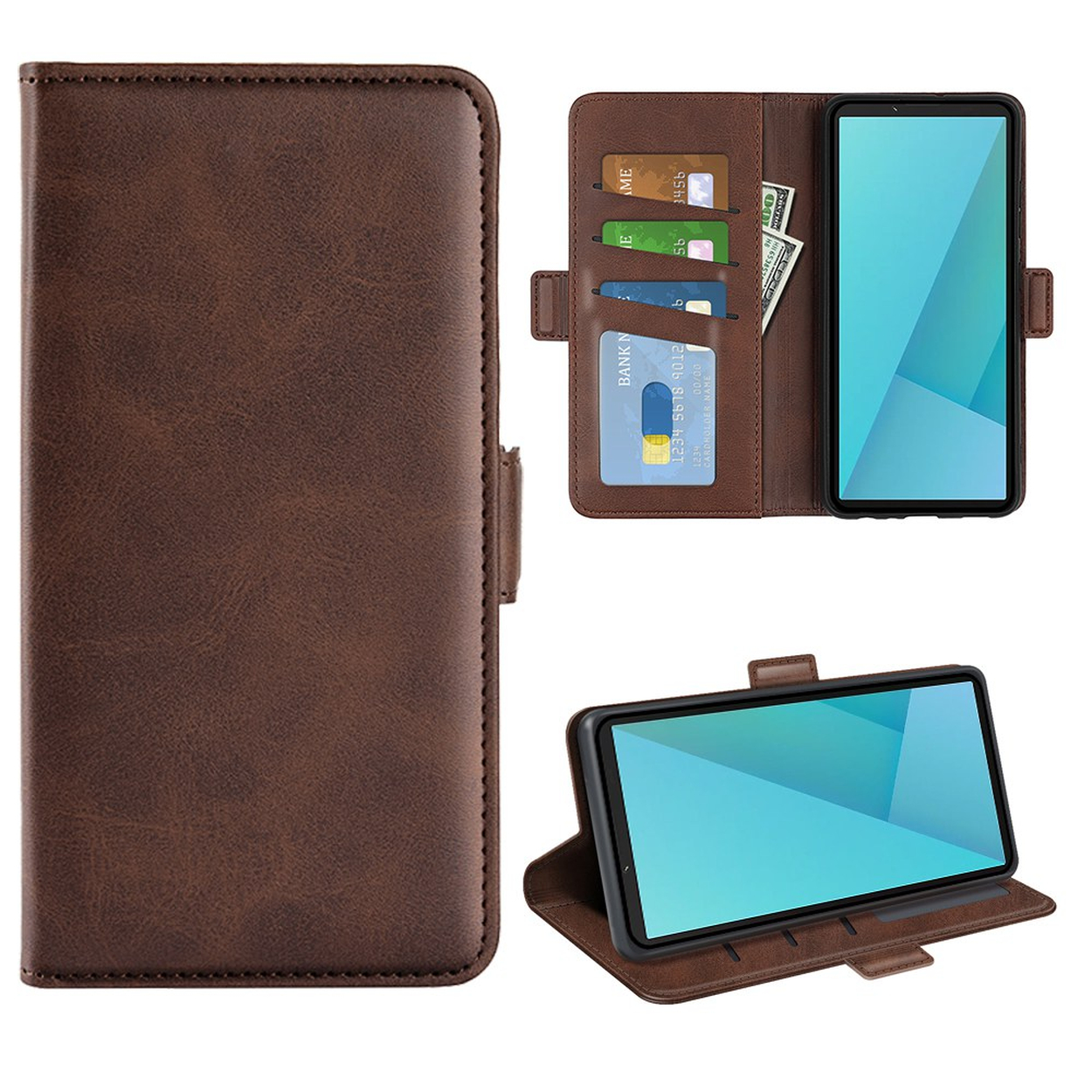 Étui de téléphone en cuir marron avec fentes pour cartes, espèces et smartphone sous différents angles.