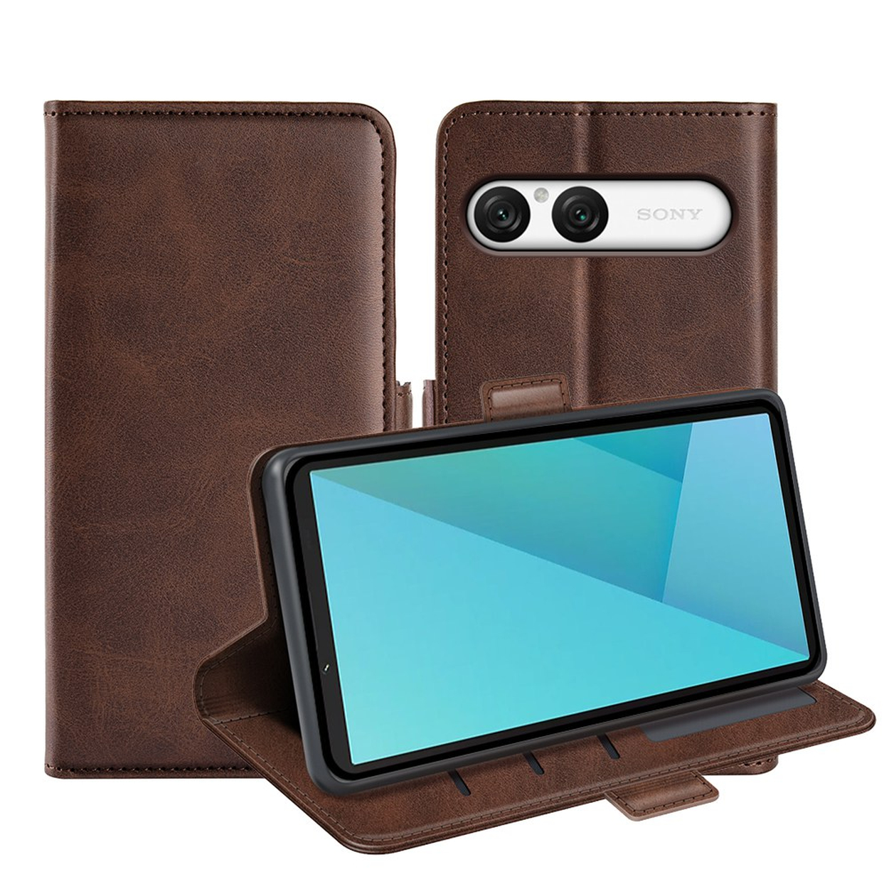 Étui de téléphone en cuir marron avec support et fentes pour cartes, vues avant et arrière.
