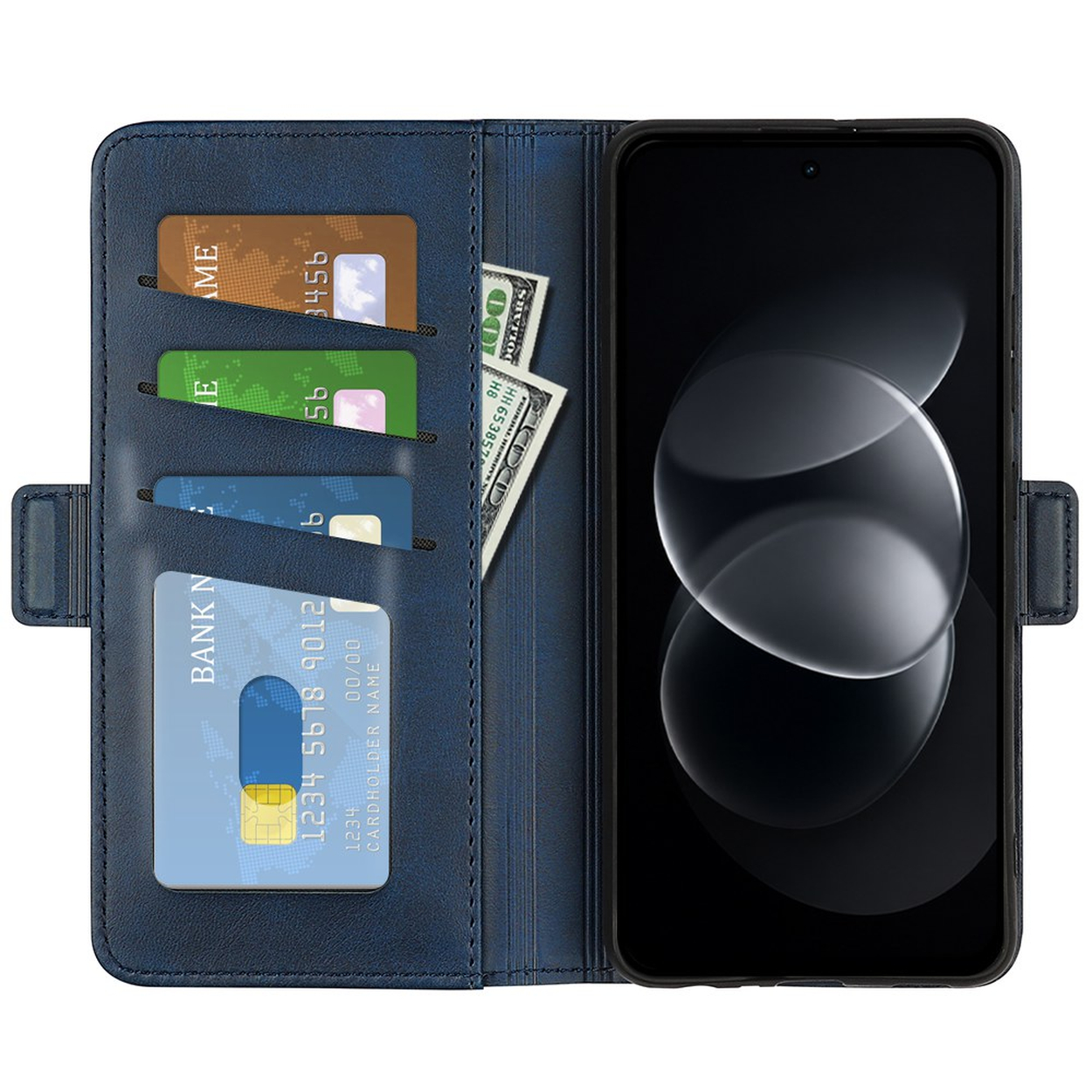 Blauwe lederen flipcase met kaartsleuven, contant geld en een smartphone.