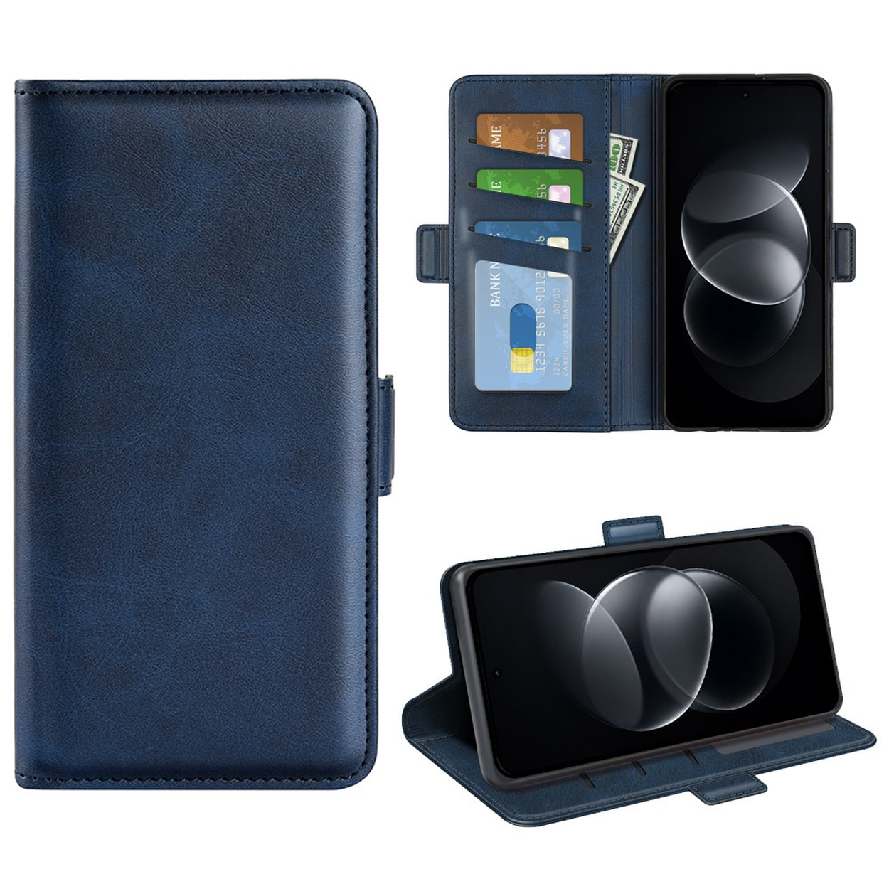 Donkerblauwe leren telefoonhoes met kaartsleuven en standaard.
