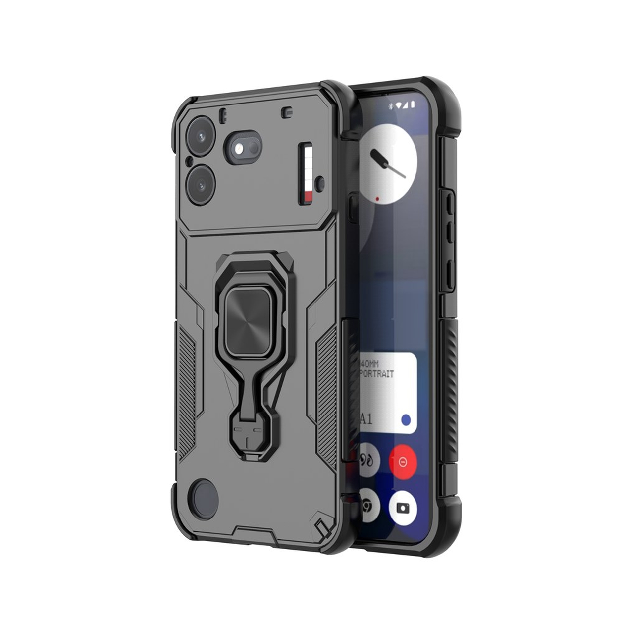 Robuuste zwarte smartphonehoes met ringhouder en camera-uitsparingen op witte achtergrond.