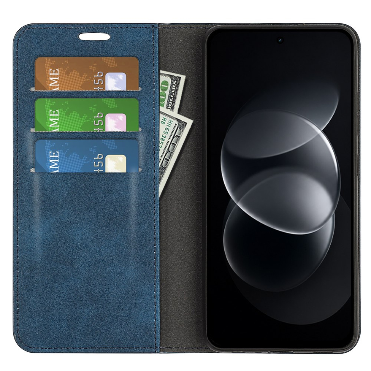 Een blauwe lederen telefoonhoes met drie kaartvakjes, geld erin en een moderne smartphone aan de rechterkant.