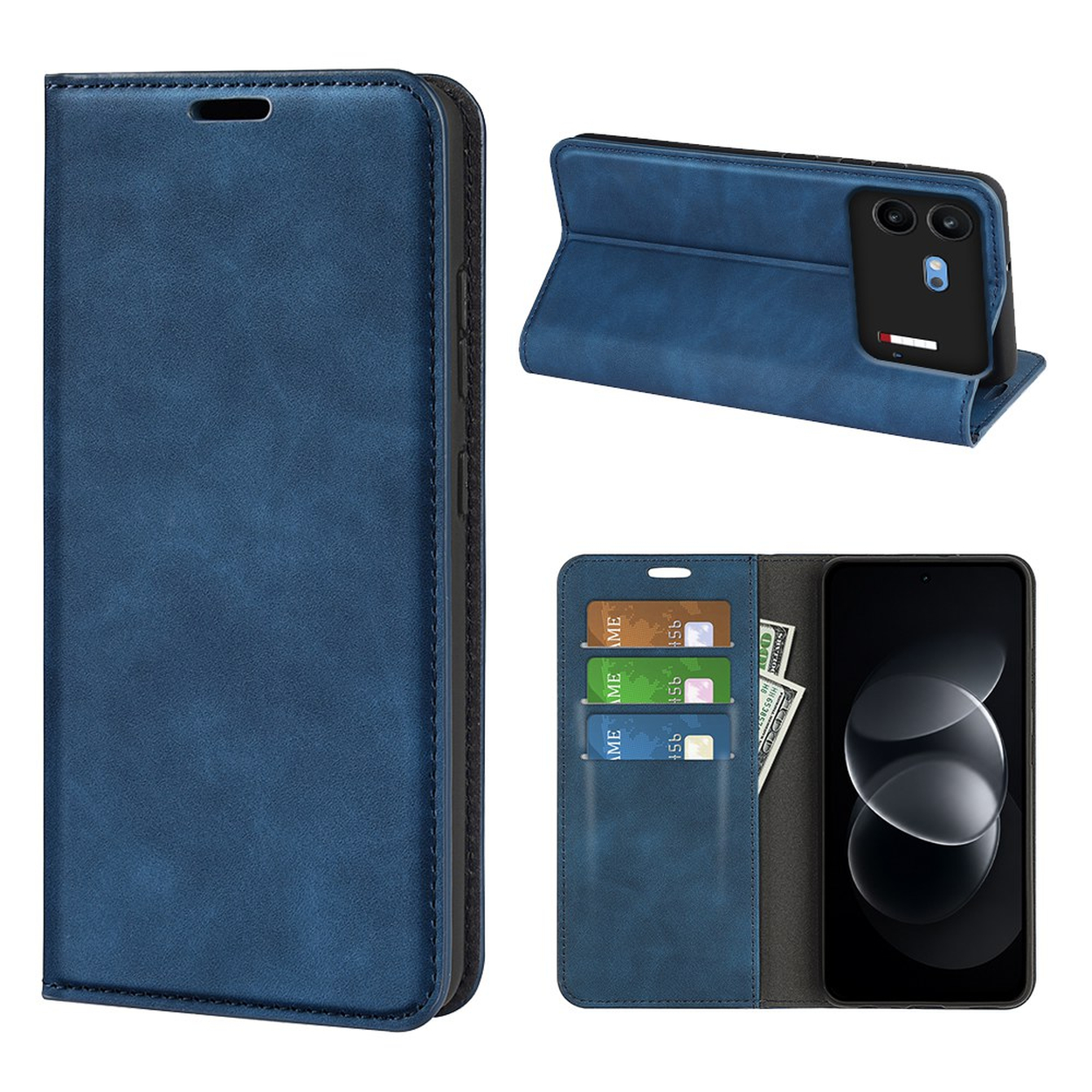 Drie weergaven van een blauwe leren telefoonhoes met kaartsleuven en standaard.