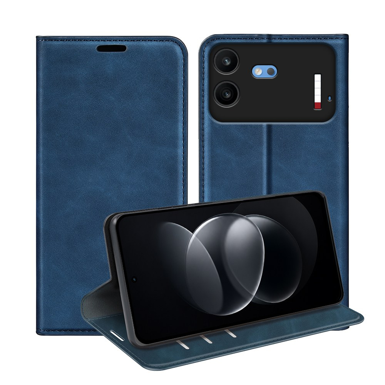 Donkerblauwe leren telefoonhoes met kaartsleuven, toont voor- en achterkant.